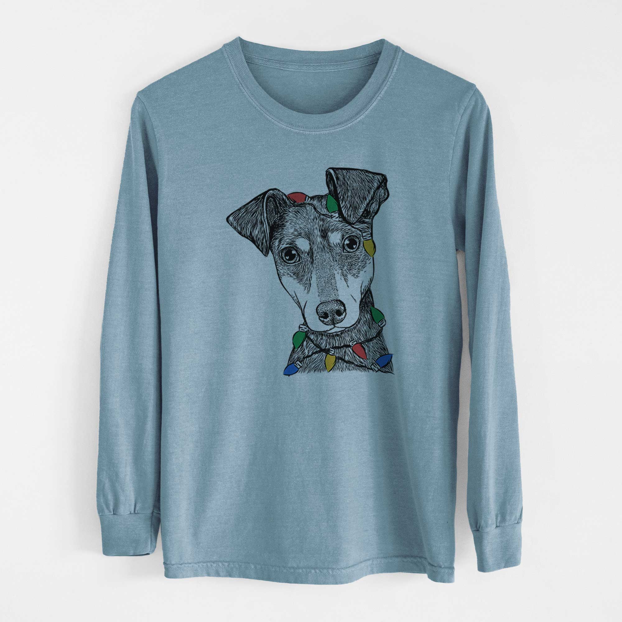 Christmas Lights Manny the Manchester Terrier - Heavyweight 100% Cotton Long Sleeve