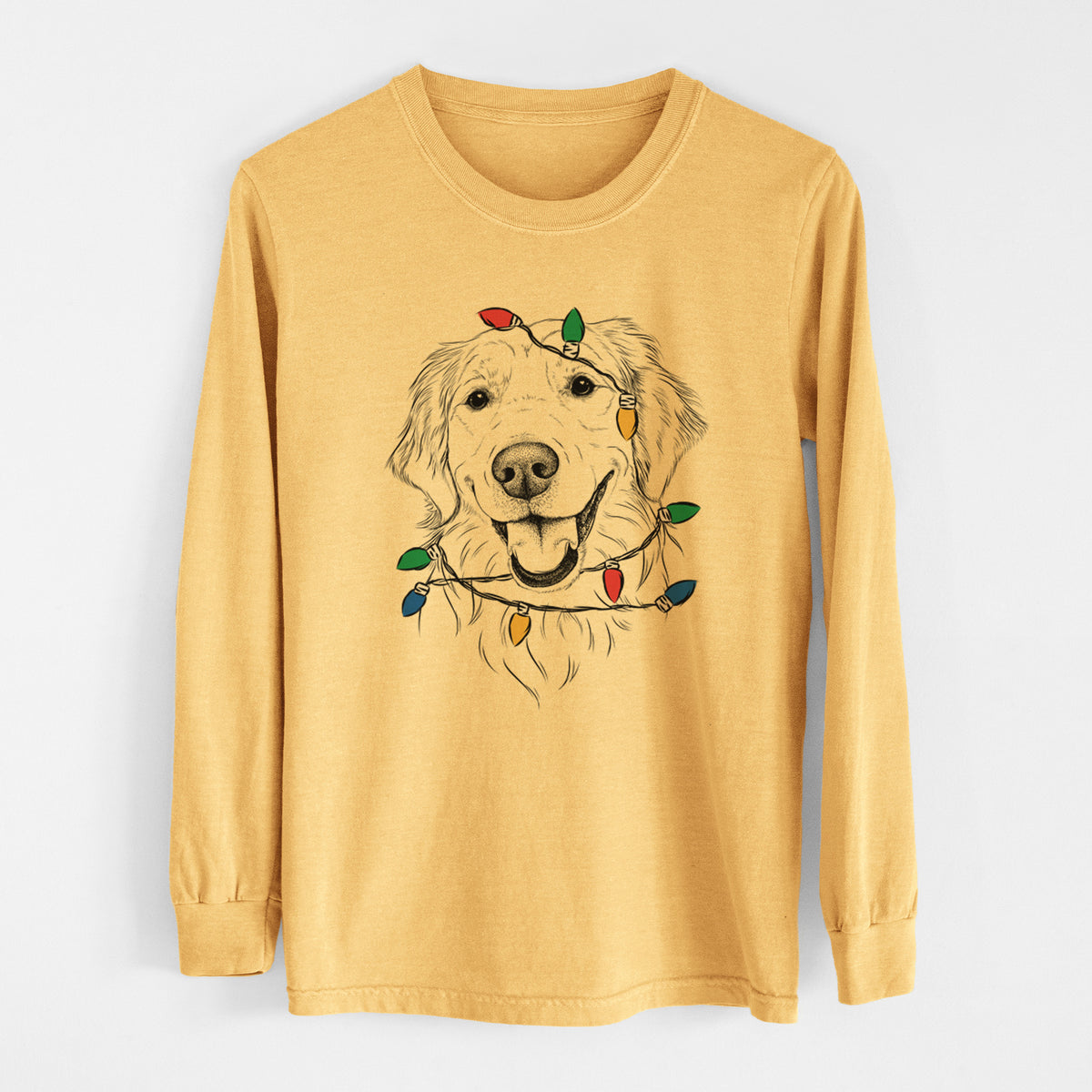 Christmas Lights Maple the Golden Retriever - Heavyweight 100% Cotton Long Sleeve