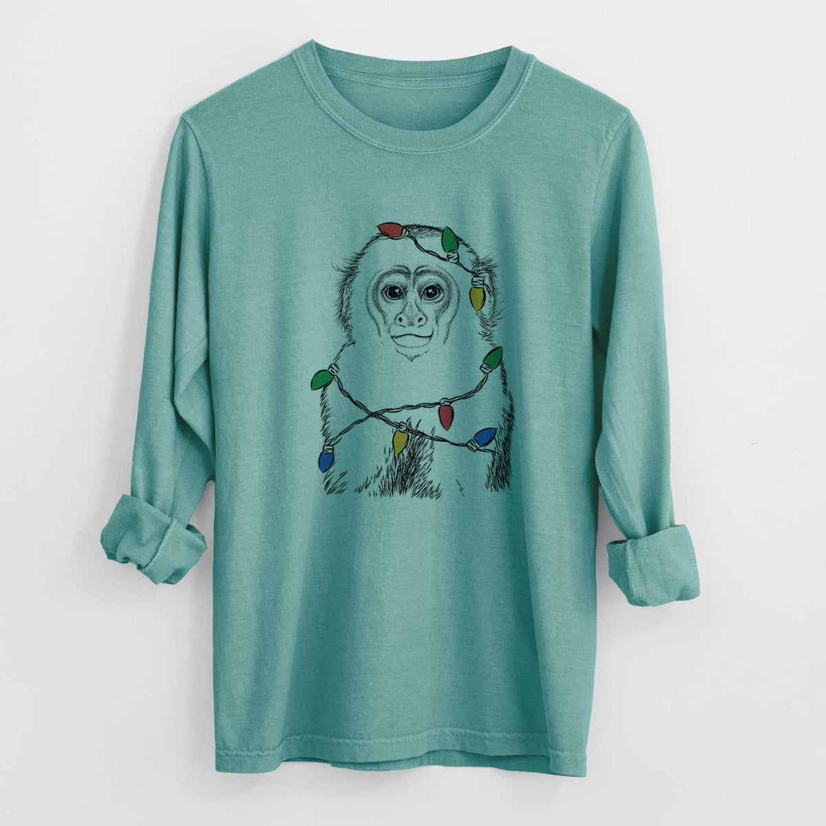 Christmas Lights Marcel the Capuchin Monkey - Heavyweight 100% Cotton Long Sleeve