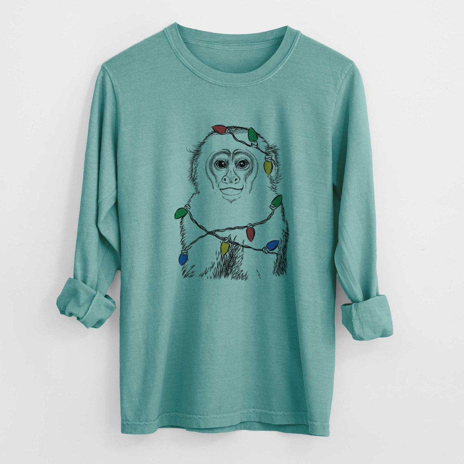 Christmas Lights Marcel the Capuchin Monkey - Heavyweight 100% Cotton Long Sleeve