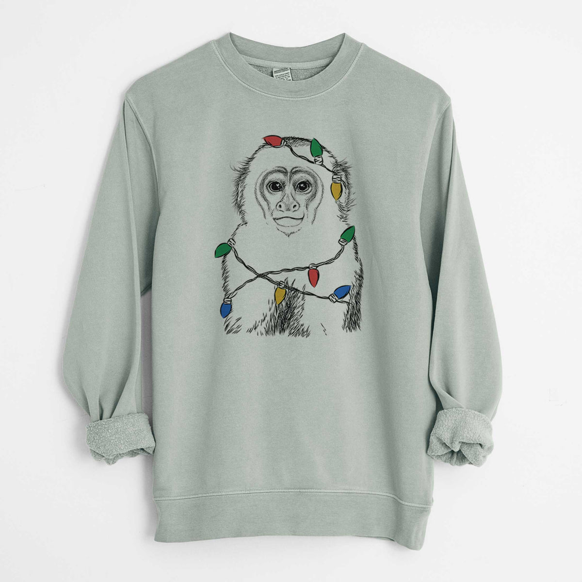 Christmas Lights Marcel the Capuchin Monkey - Unisex Pigment Dyed Crew Sweatshirt
