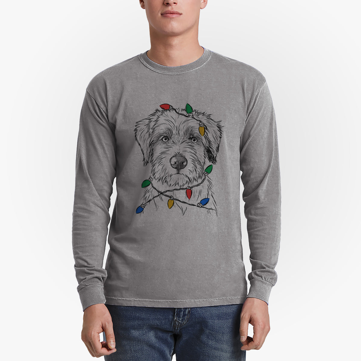 Christmas Lights Marek the Bernedoodle - Heavyweight 100% Cotton Long Sleeve