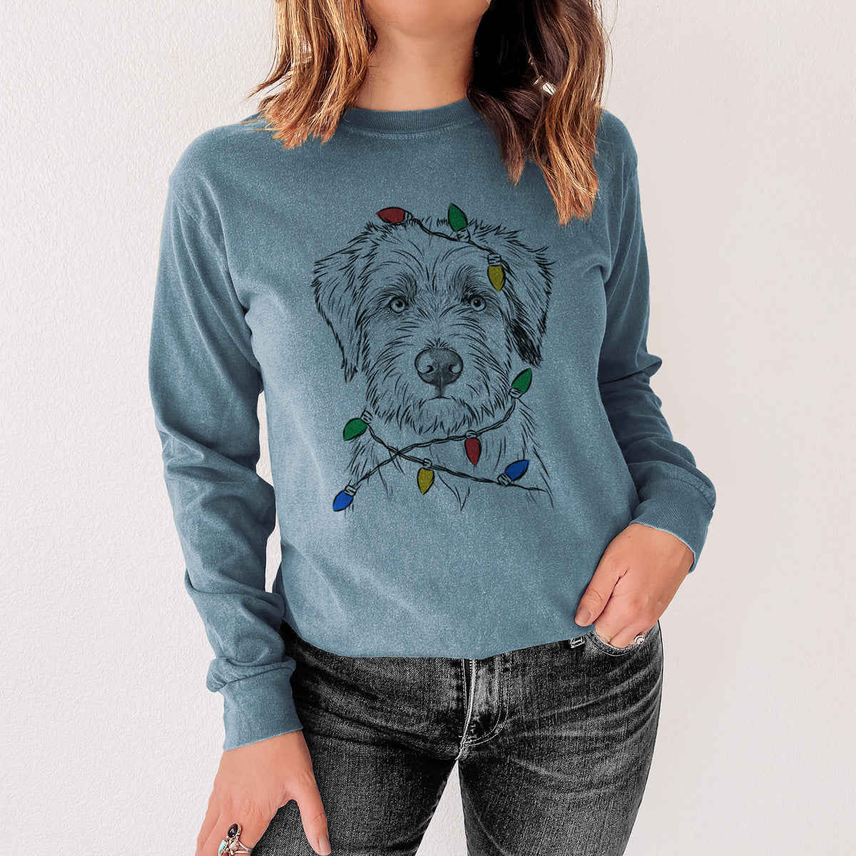 Christmas Lights Marek the Bernedoodle - Heavyweight 100% Cotton Long Sleeve