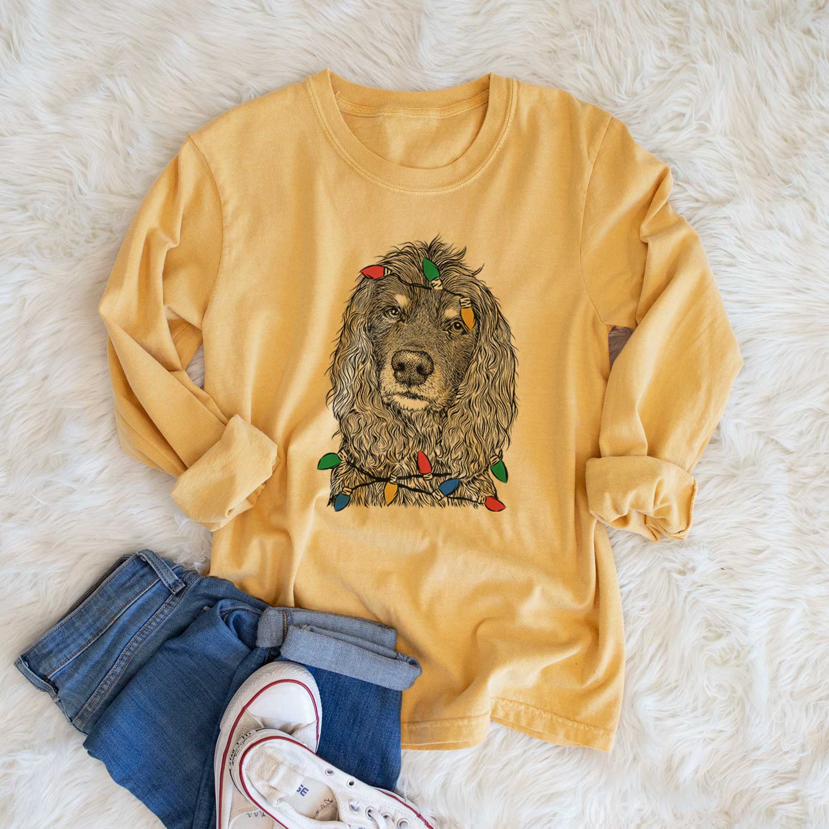 Christmas Lights Marley Boy the American Cocker Spaniel - Heavyweight 100% Cotton Long Sleeve