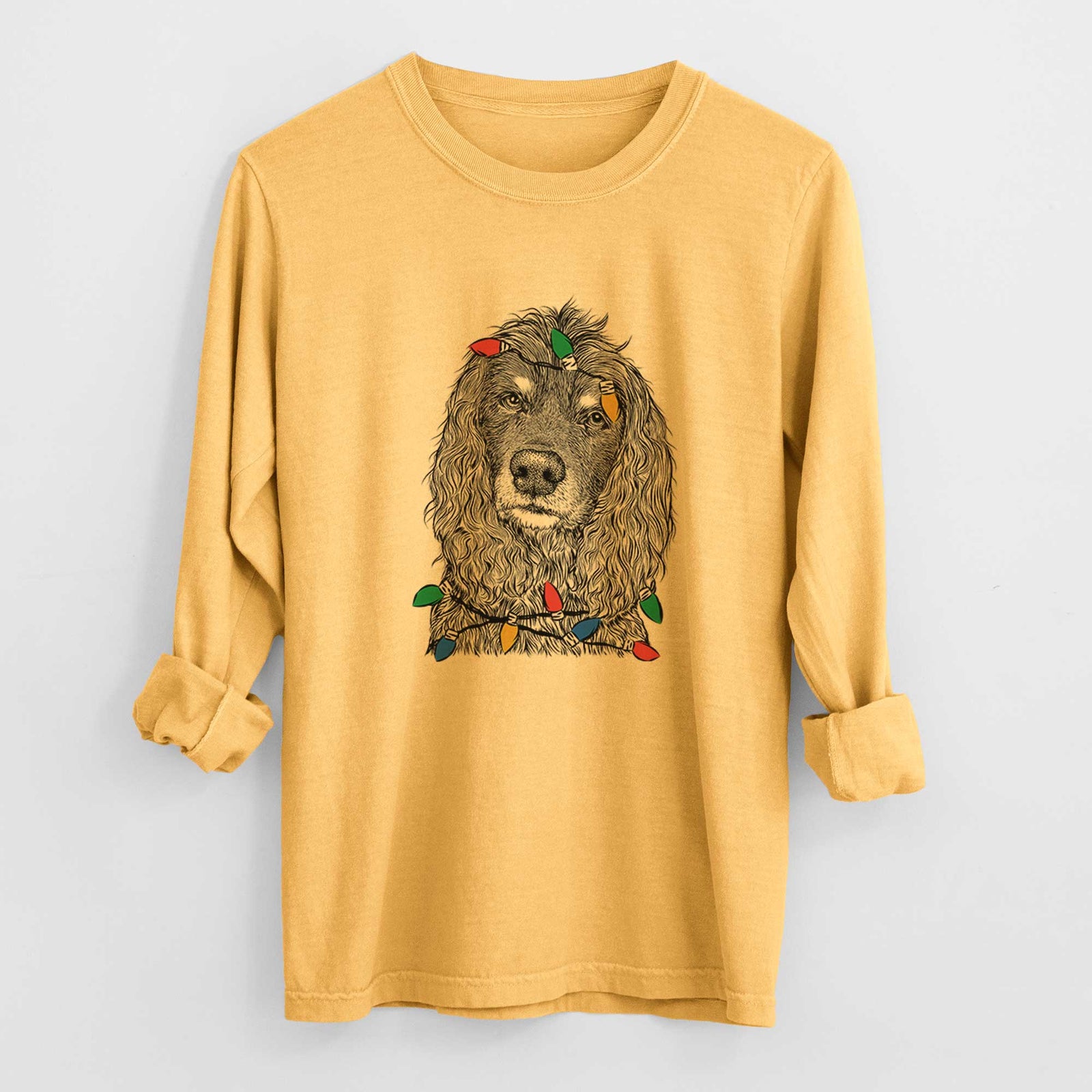 Christmas Lights Marley Boy the American Cocker Spaniel - Heavyweight 100% Cotton Long Sleeve
