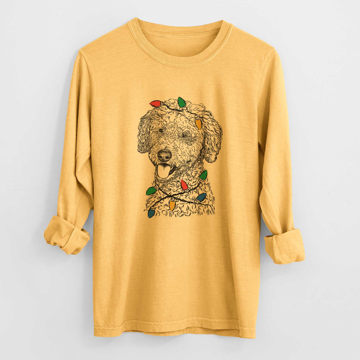 Christmas Lights Marlow the Goldendoodle - Heavyweight 100% Cotton Long Sleeve