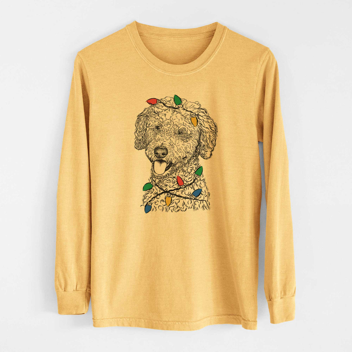 Christmas Lights Marlow the Goldendoodle - Heavyweight 100% Cotton Long Sleeve
