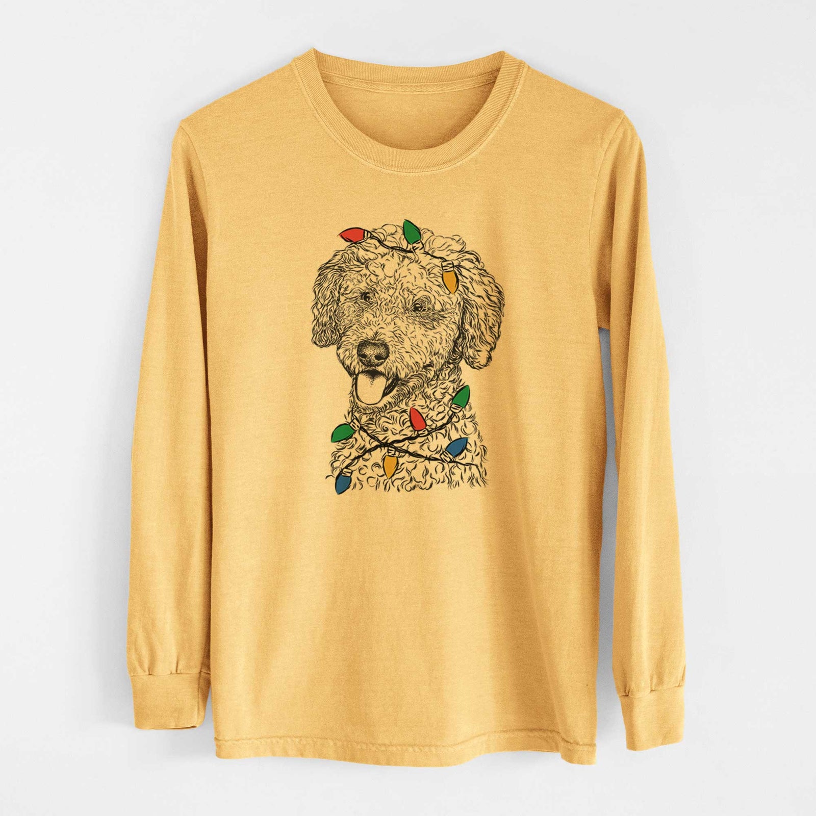 Christmas Lights Marlow the Goldendoodle - Heavyweight 100% Cotton Long Sleeve