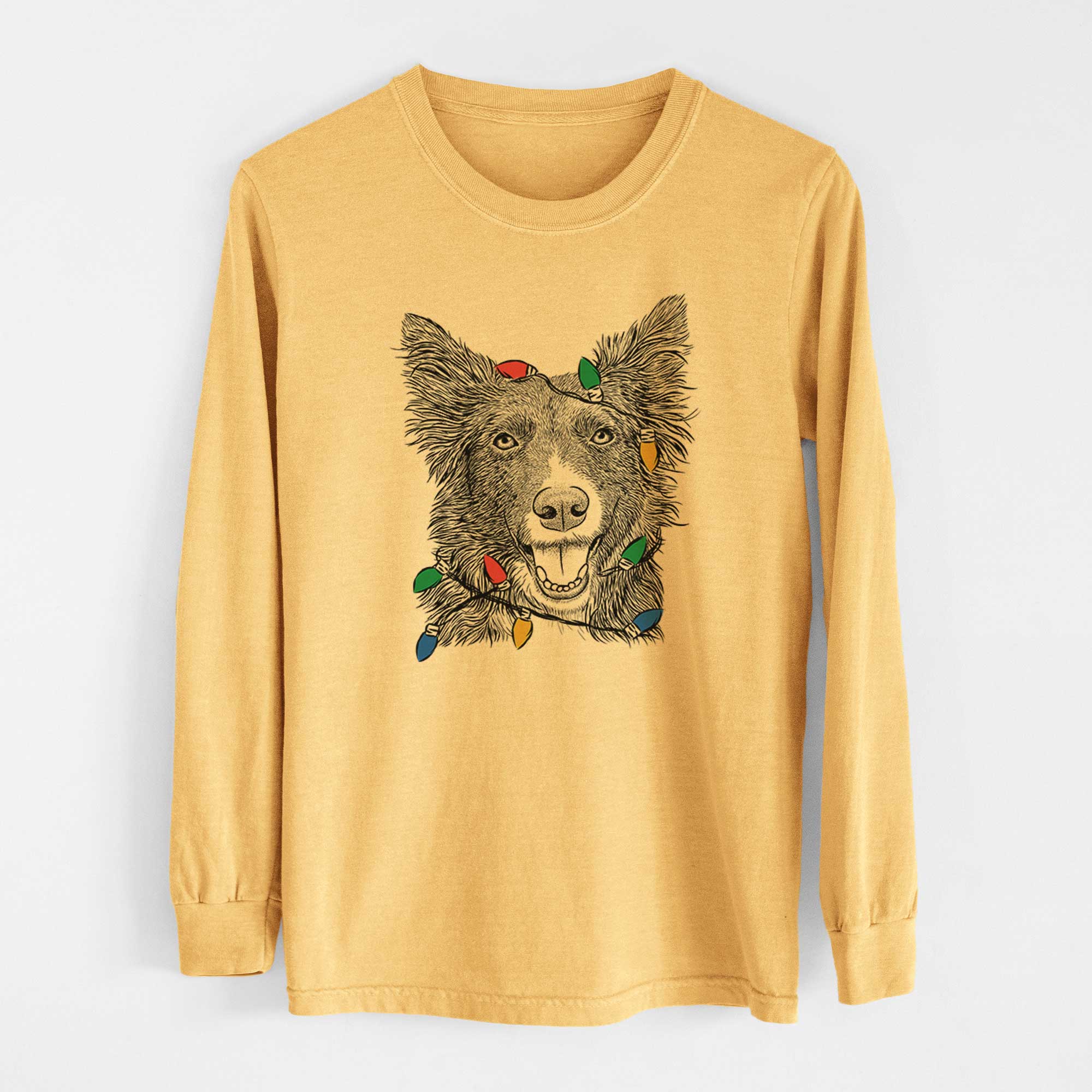 Christmas Lights Marti the Border Collie - Heavyweight 100% Cotton Long Sleeve