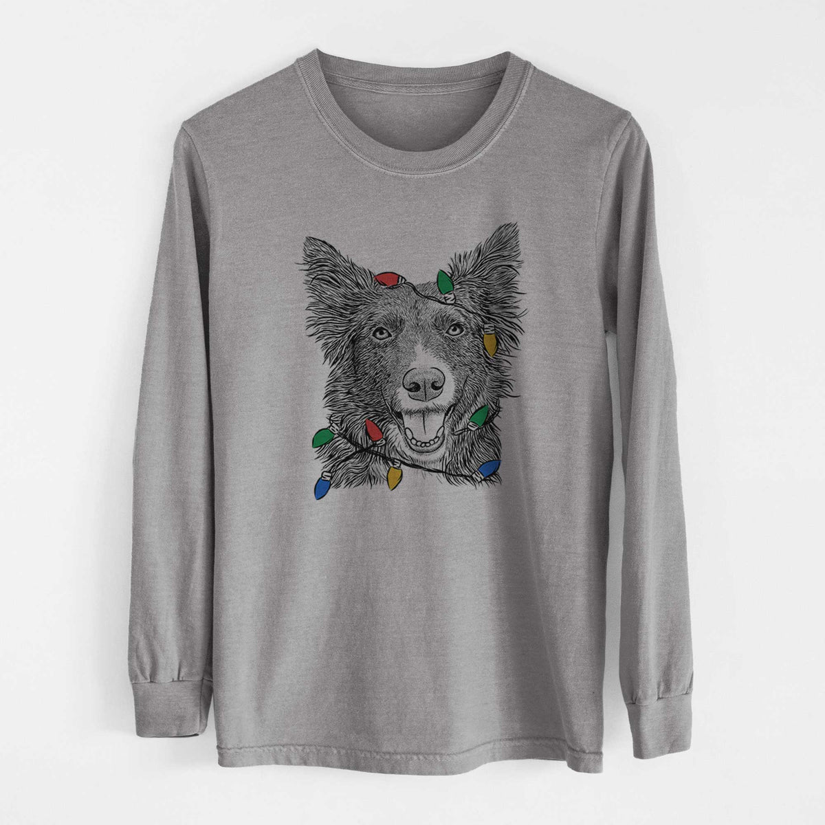 Christmas Lights Marti the Border Collie - Heavyweight 100% Cotton Long Sleeve
