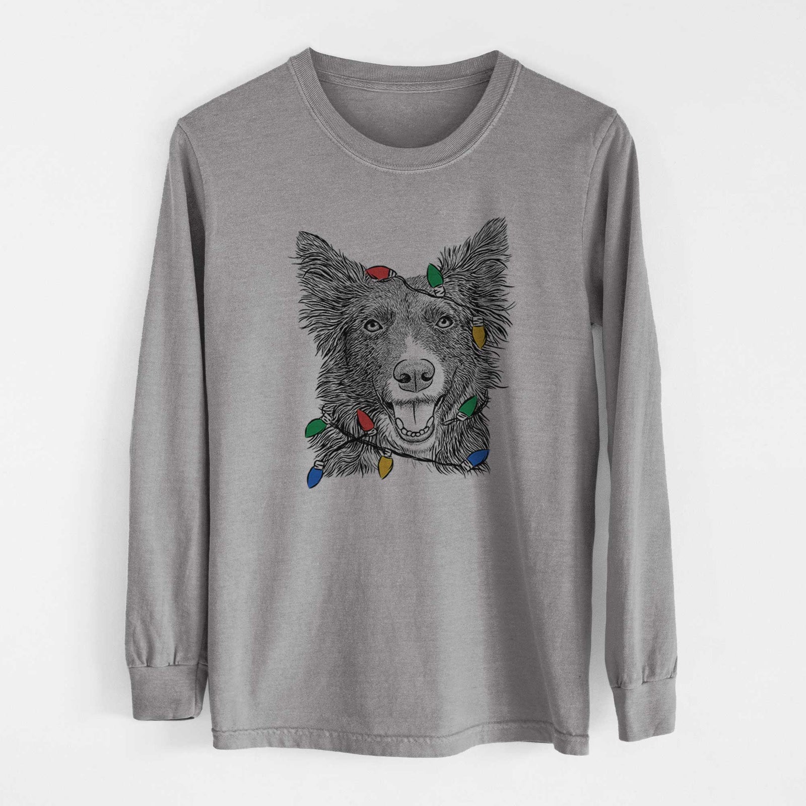 Christmas Lights Marti the Border Collie - Heavyweight 100% Cotton Long Sleeve