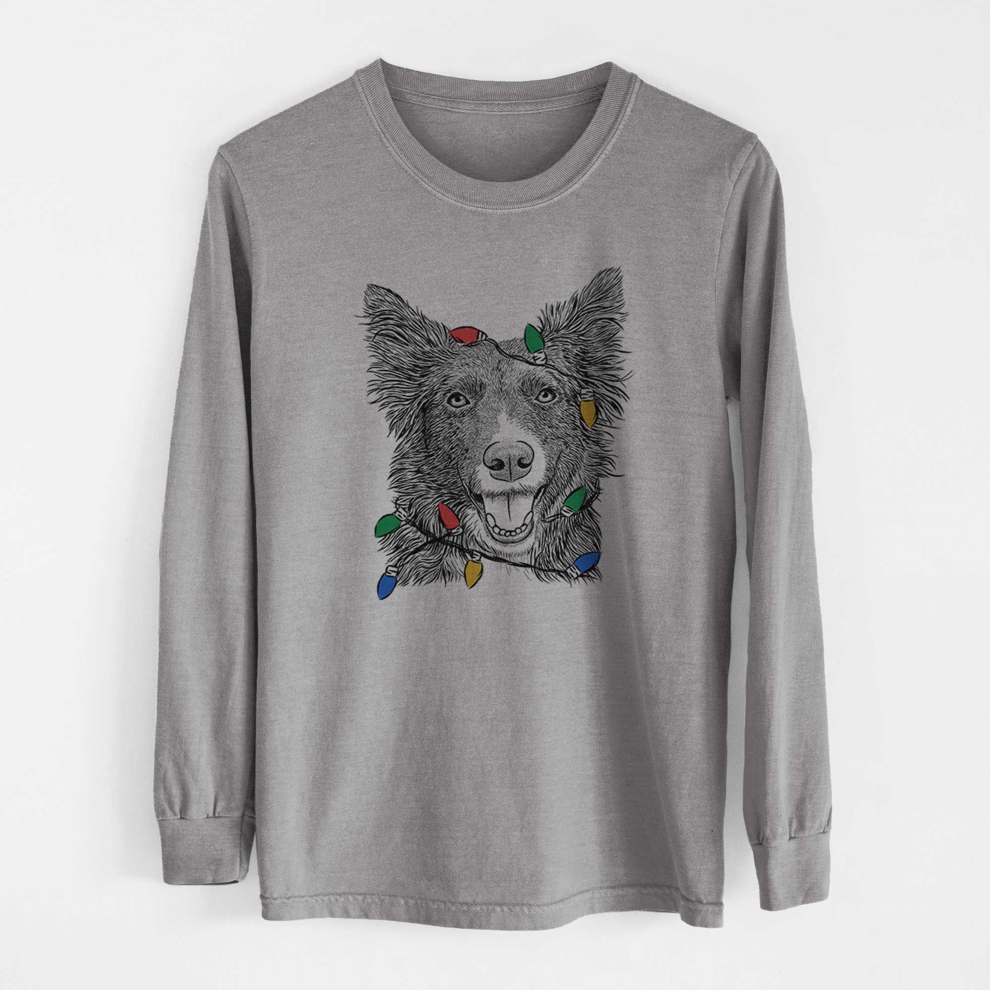 Christmas Lights Marti the Border Collie - Heavyweight 100% Cotton Long Sleeve