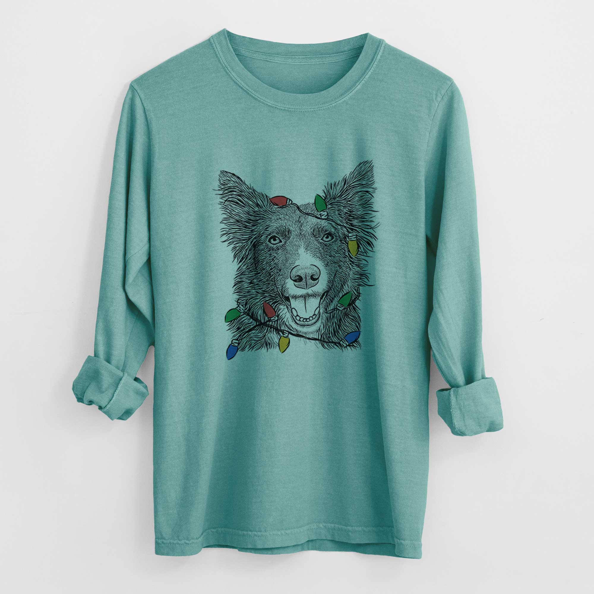 Christmas Lights Marti the Border Collie - Heavyweight 100% Cotton Long Sleeve