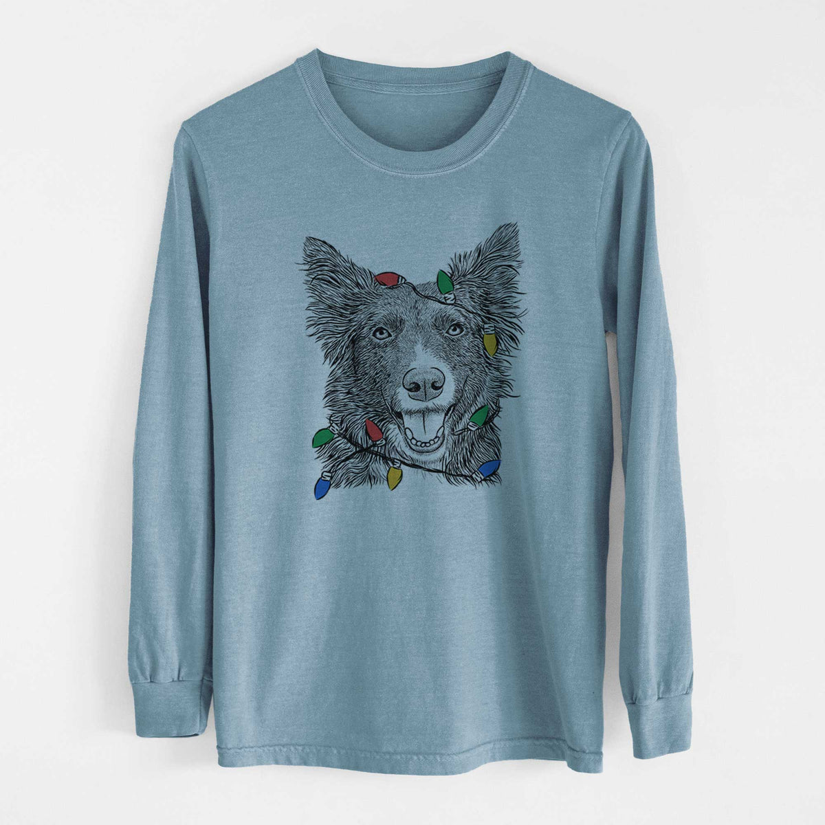 Christmas Lights Marti the Border Collie - Heavyweight 100% Cotton Long Sleeve