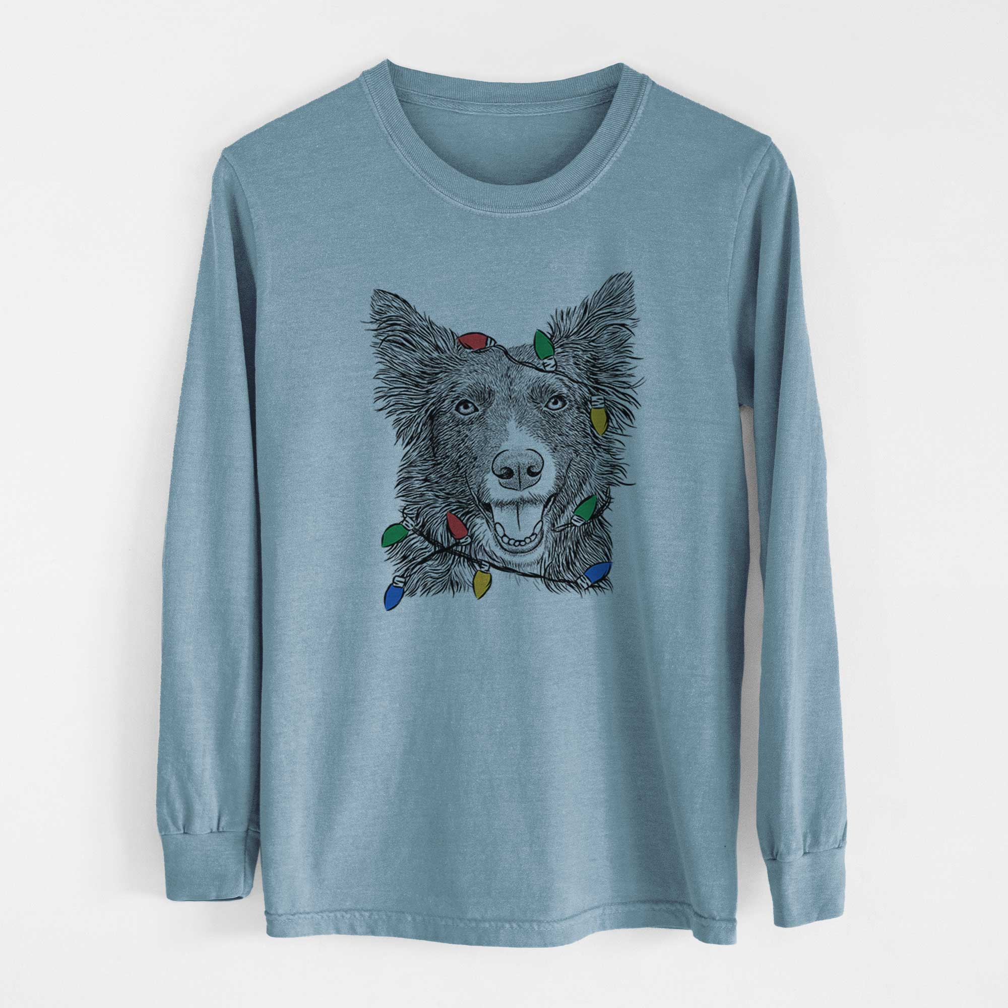 Christmas Lights Marti the Border Collie - Heavyweight 100% Cotton Long Sleeve