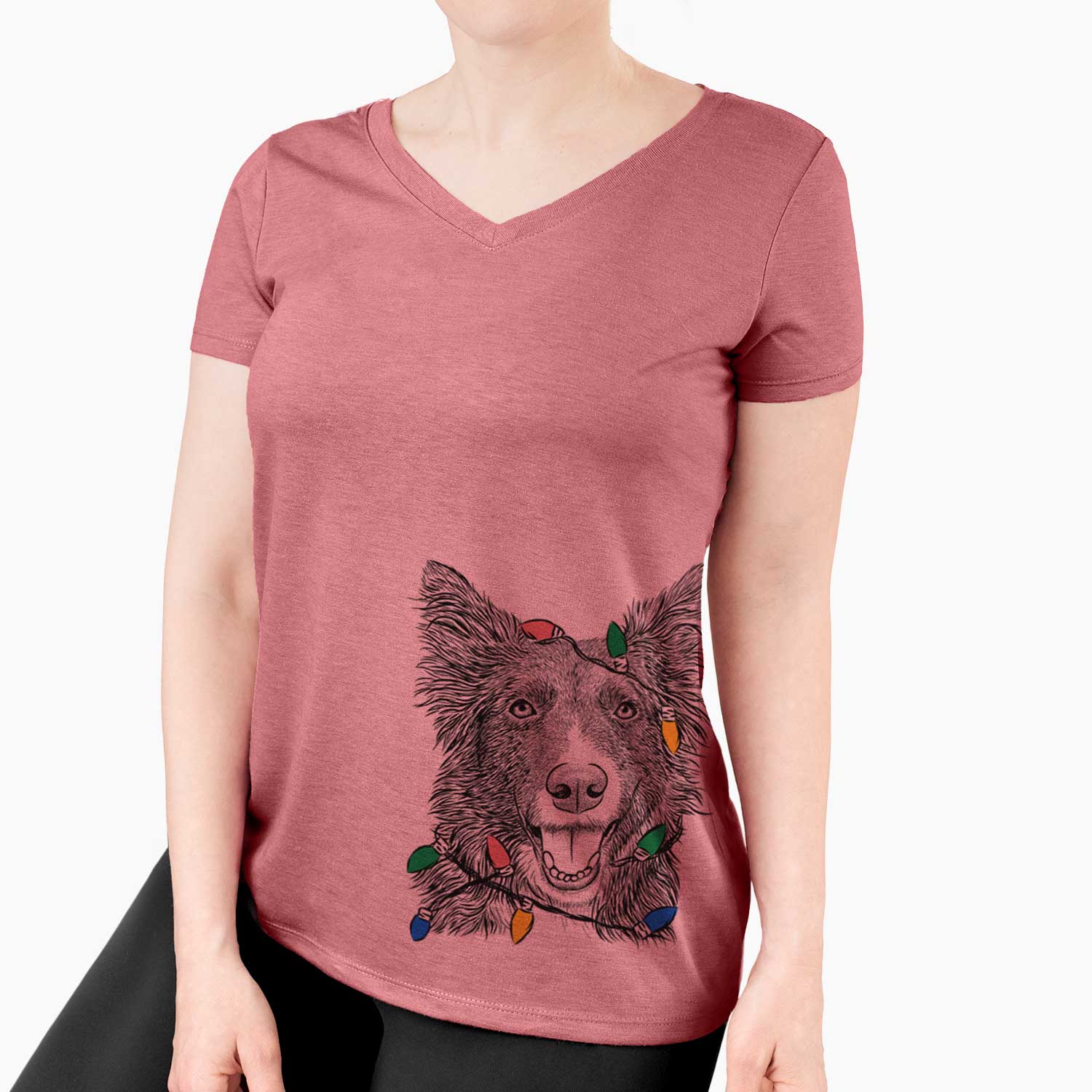 Christmas Lights Marti the Border Collie - Women's V-neck Shirt