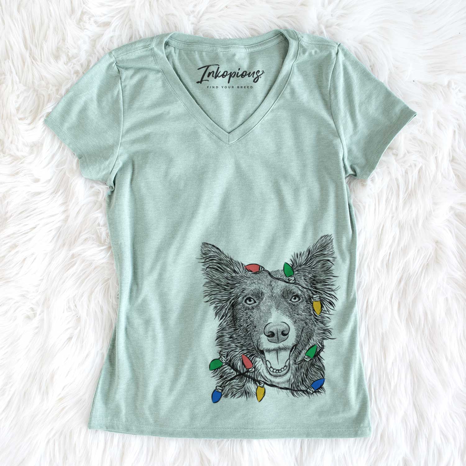 Christmas Lights Marti the Border Collie - Women's V-neck Shirt