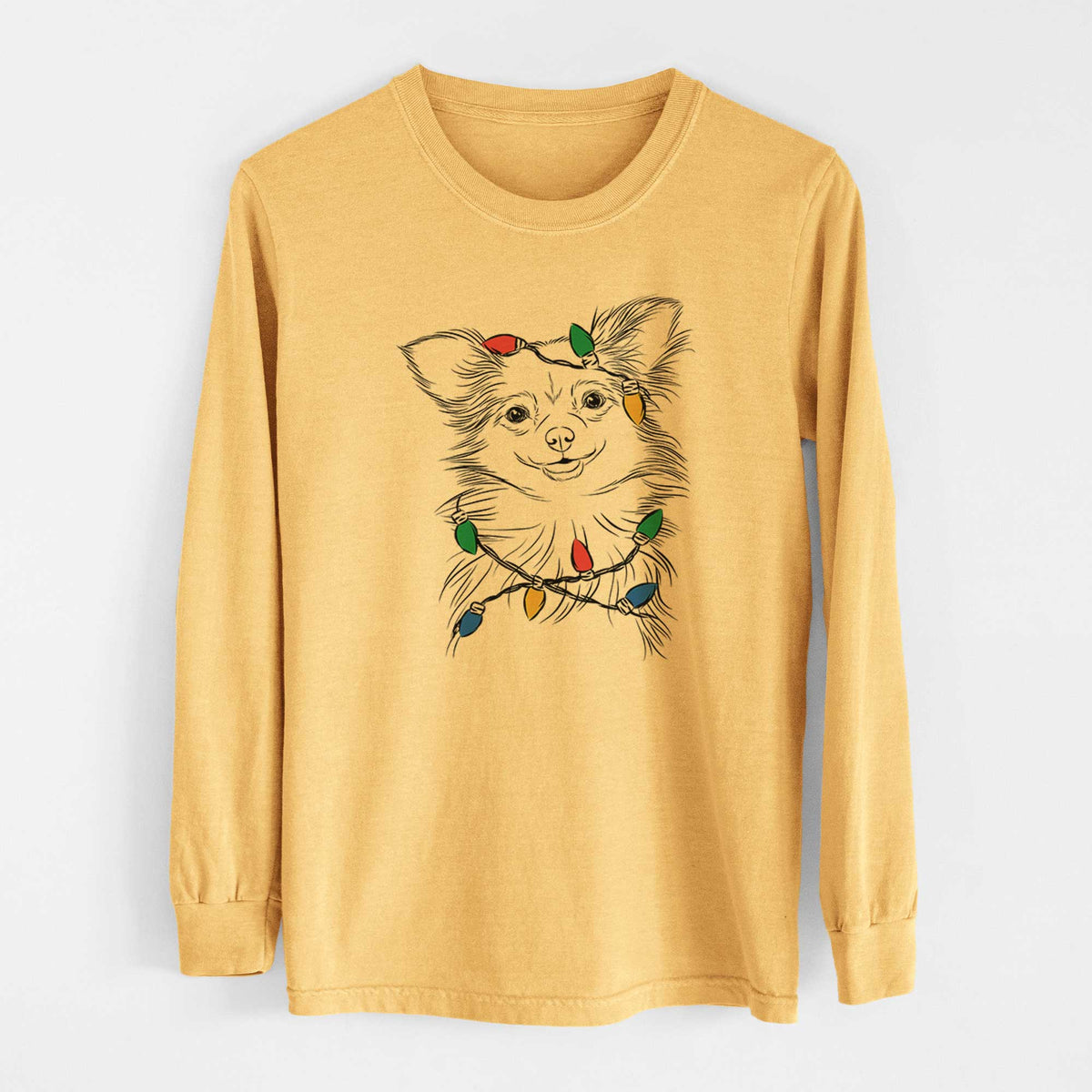 Christmas Lights Marzi the Long Haired Chihuahua - Heavyweight 100% Cotton Long Sleeve