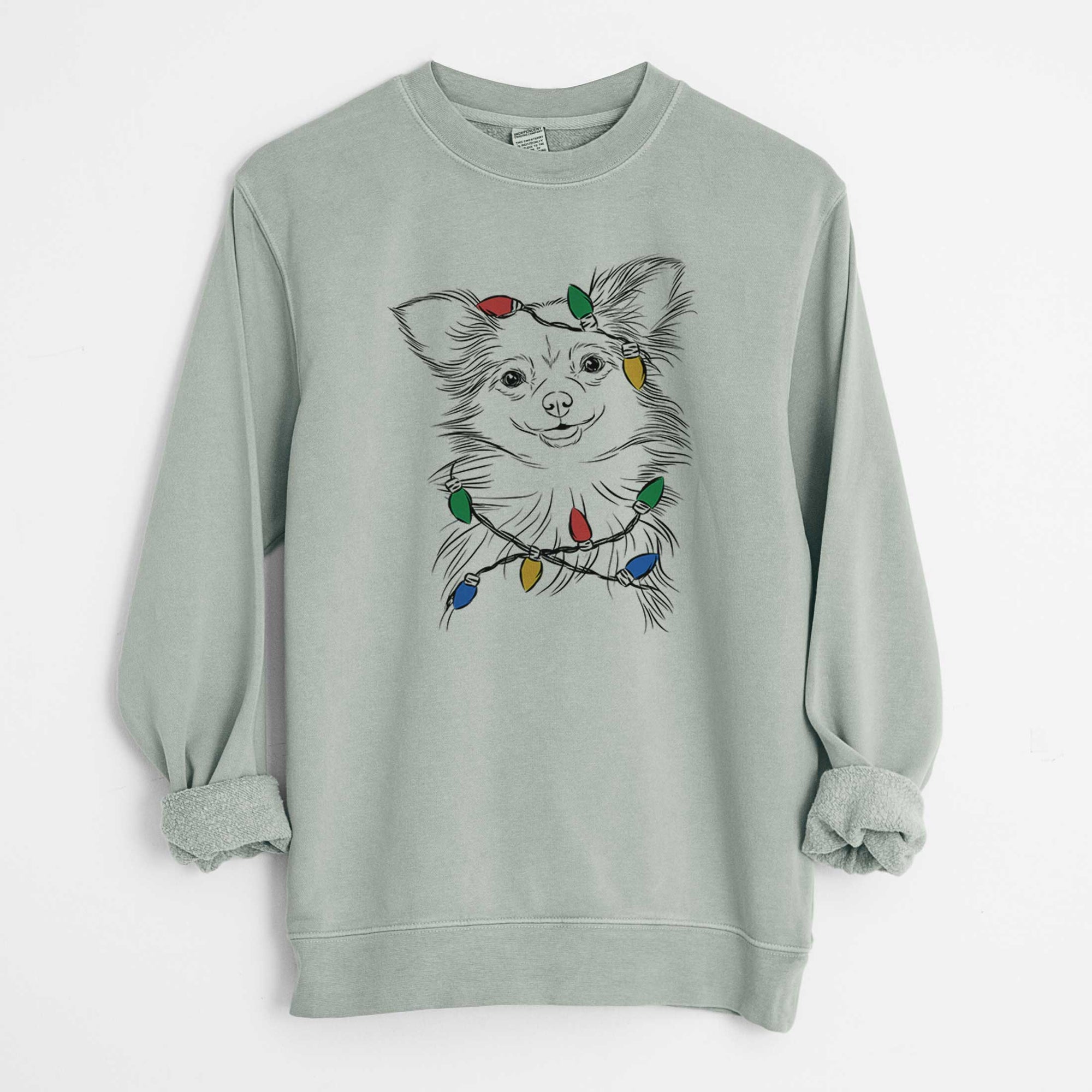 Christmas Lights Marzi the Long Haired Chihuahua - Unisex Pigment Dyed Crew Sweatshirt