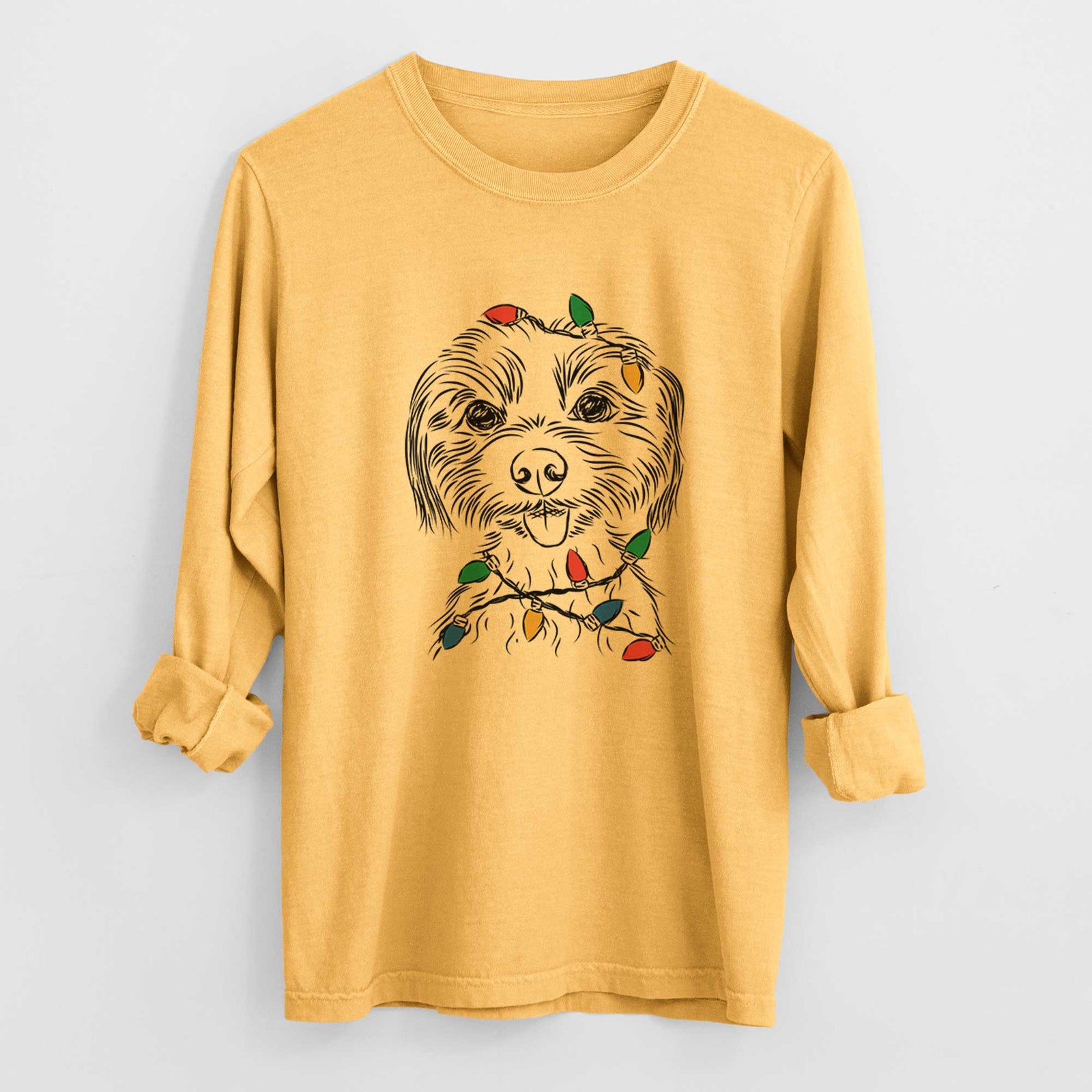 Christmas Lights Mater the Yorkshire Terrier - Heavyweight 100% Cotton Long Sleeve