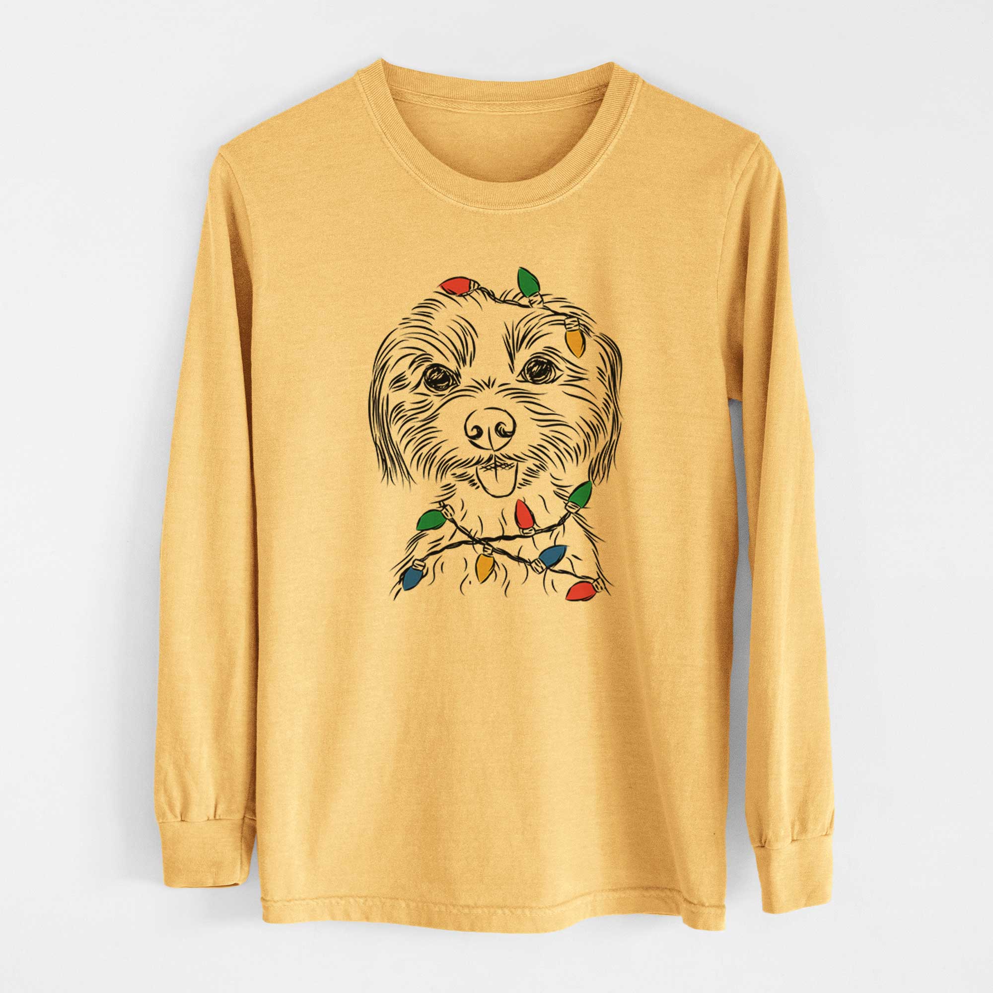 Christmas Lights Mater the Yorkshire Terrier - Heavyweight 100% Cotton Long Sleeve