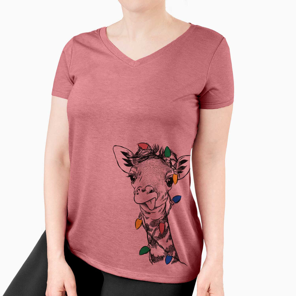 Christmas Lights Mel the Baby Giraffe - Women's V-neck Shirt