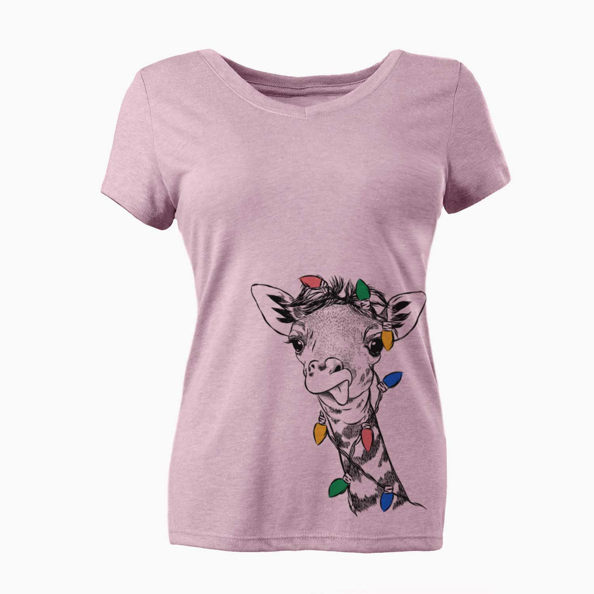 Christmas Lights Mel the Baby Giraffe - Women's V-neck Shirt
