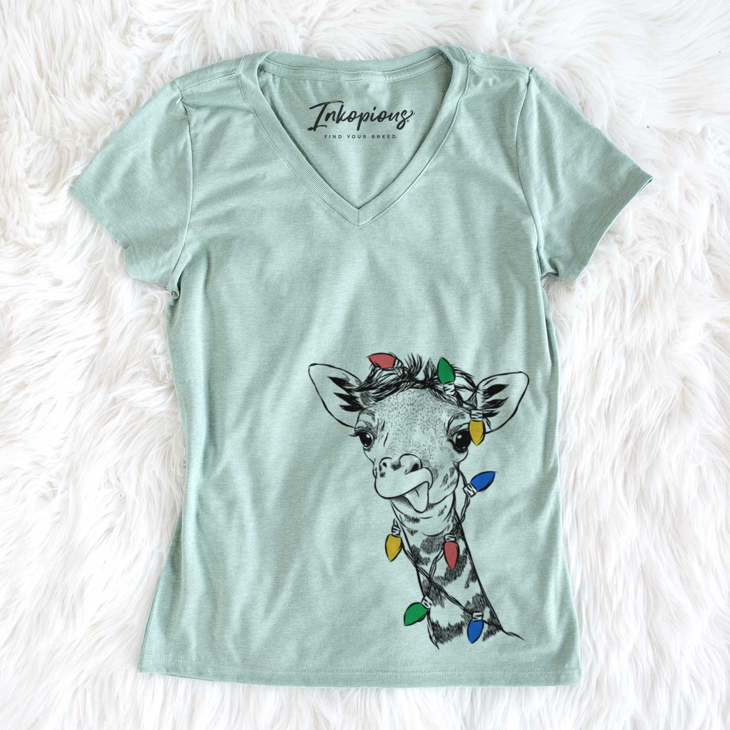 Christmas Lights Mel the Baby Giraffe - Women's V-neck Shirt