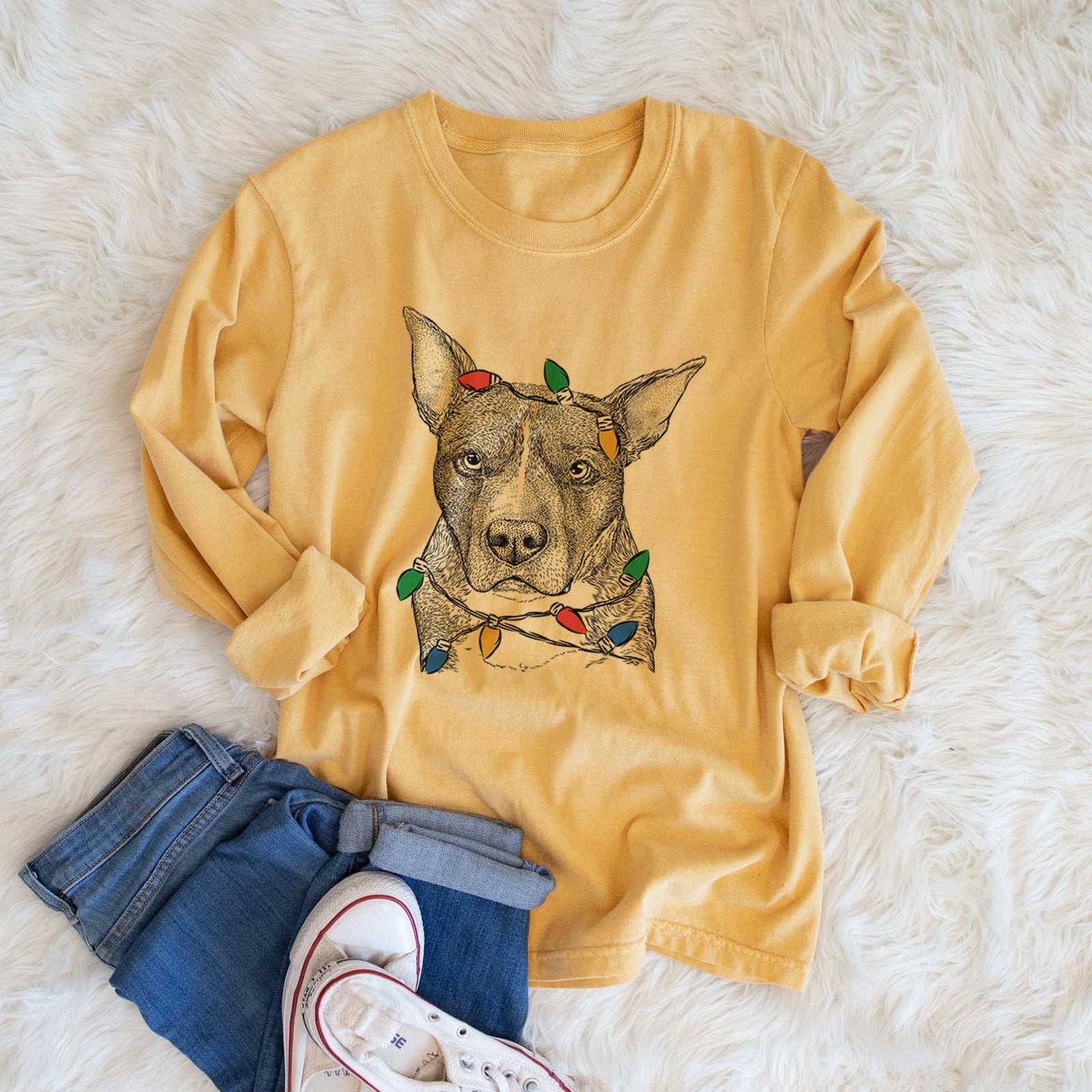Christmas Lights Mercy the Pitbull - Heavyweight 100% Cotton Long Sleeve