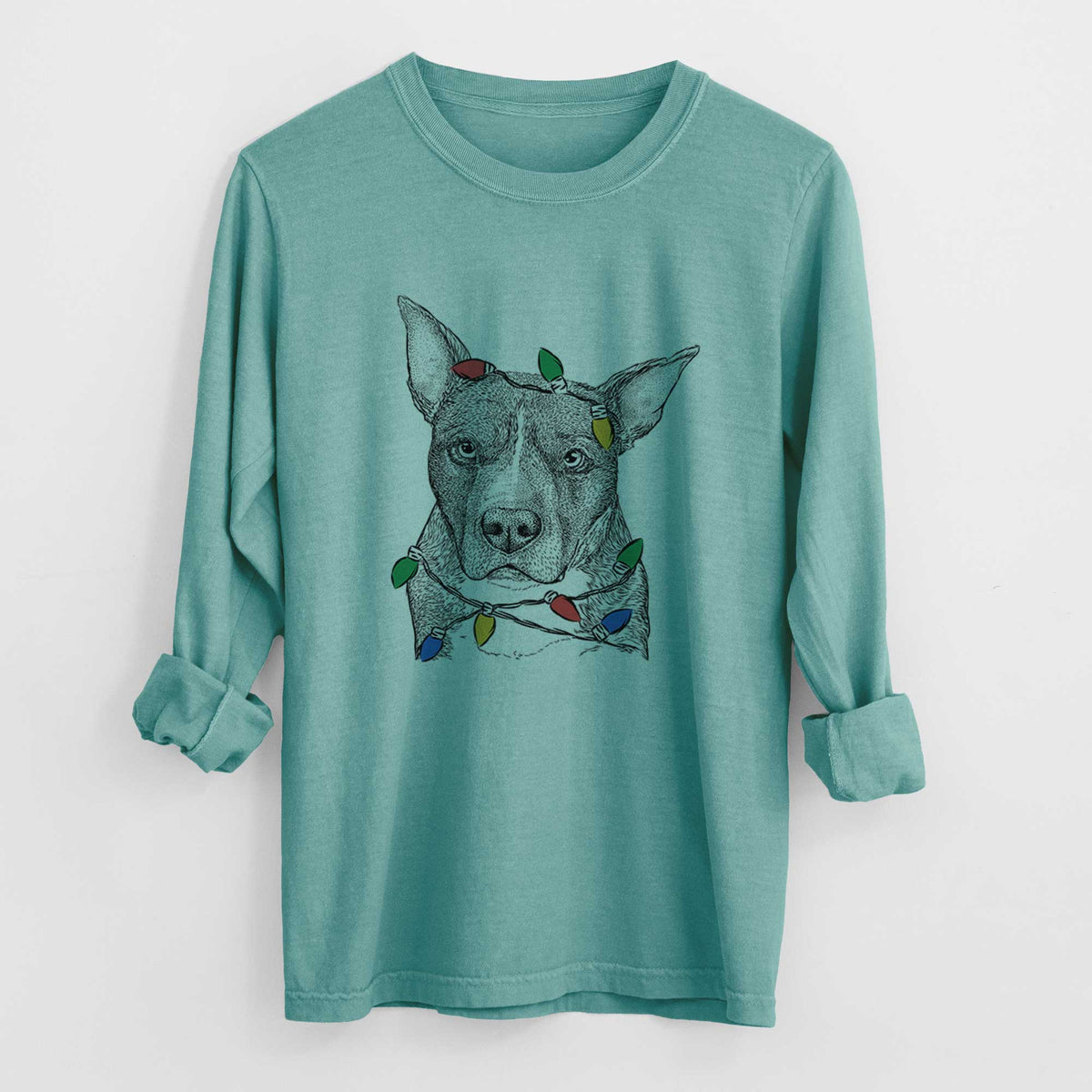 Christmas Lights Mercy the Pitbull - Heavyweight 100% Cotton Long Sleeve