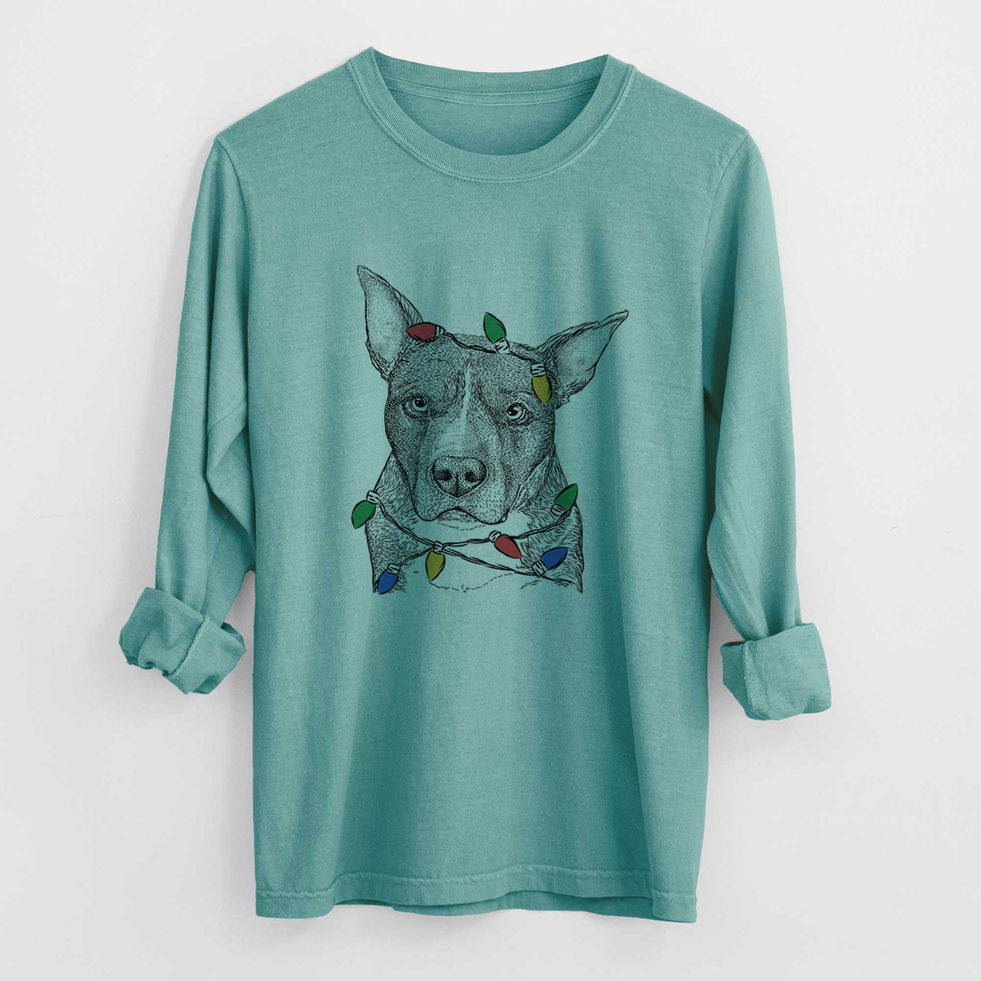 Christmas Lights Mercy the Pitbull - Heavyweight 100% Cotton Long Sleeve