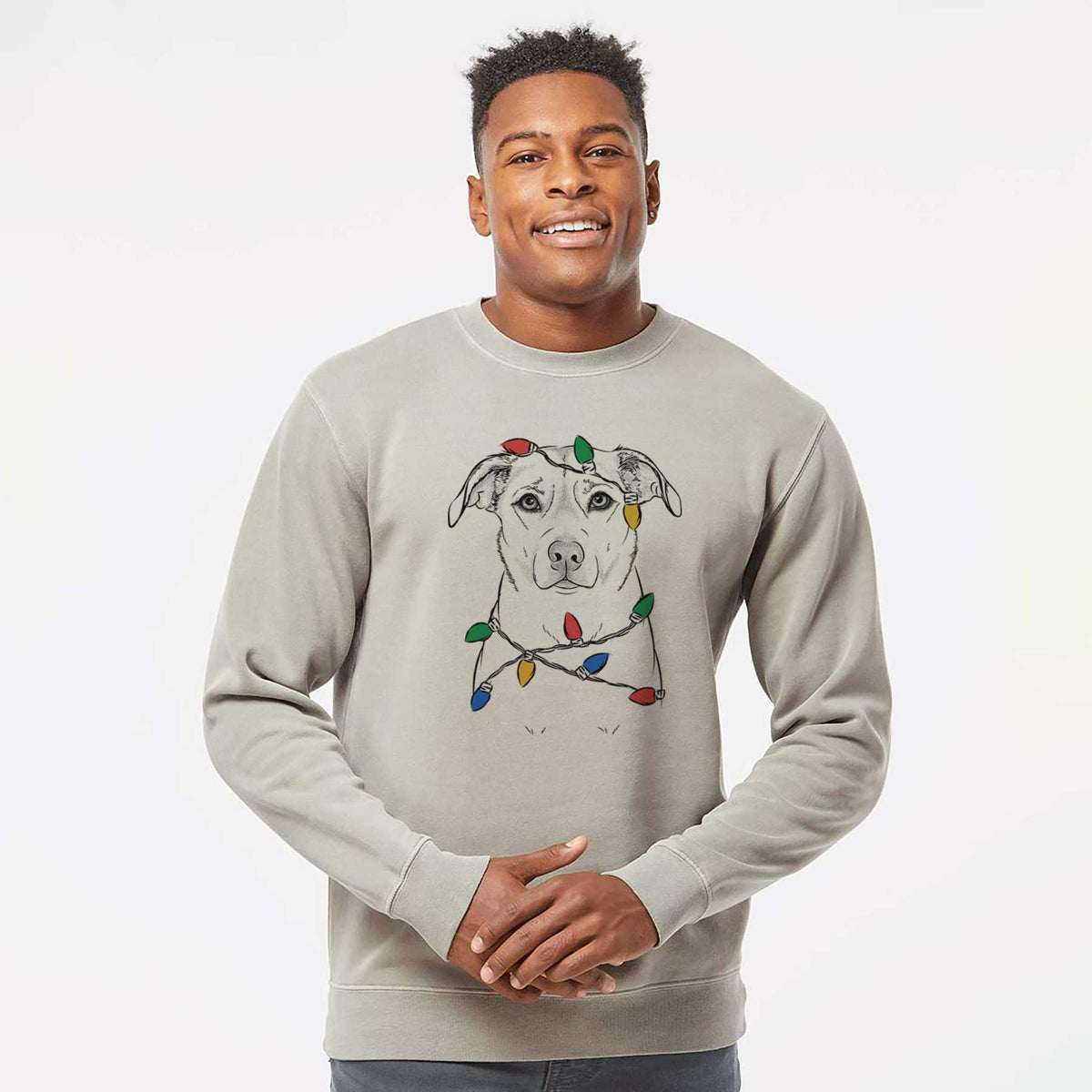 Christmas Lights Mica the Labrador Pittbull Mix - Unisex Pigment Dyed Crew Sweatshirt