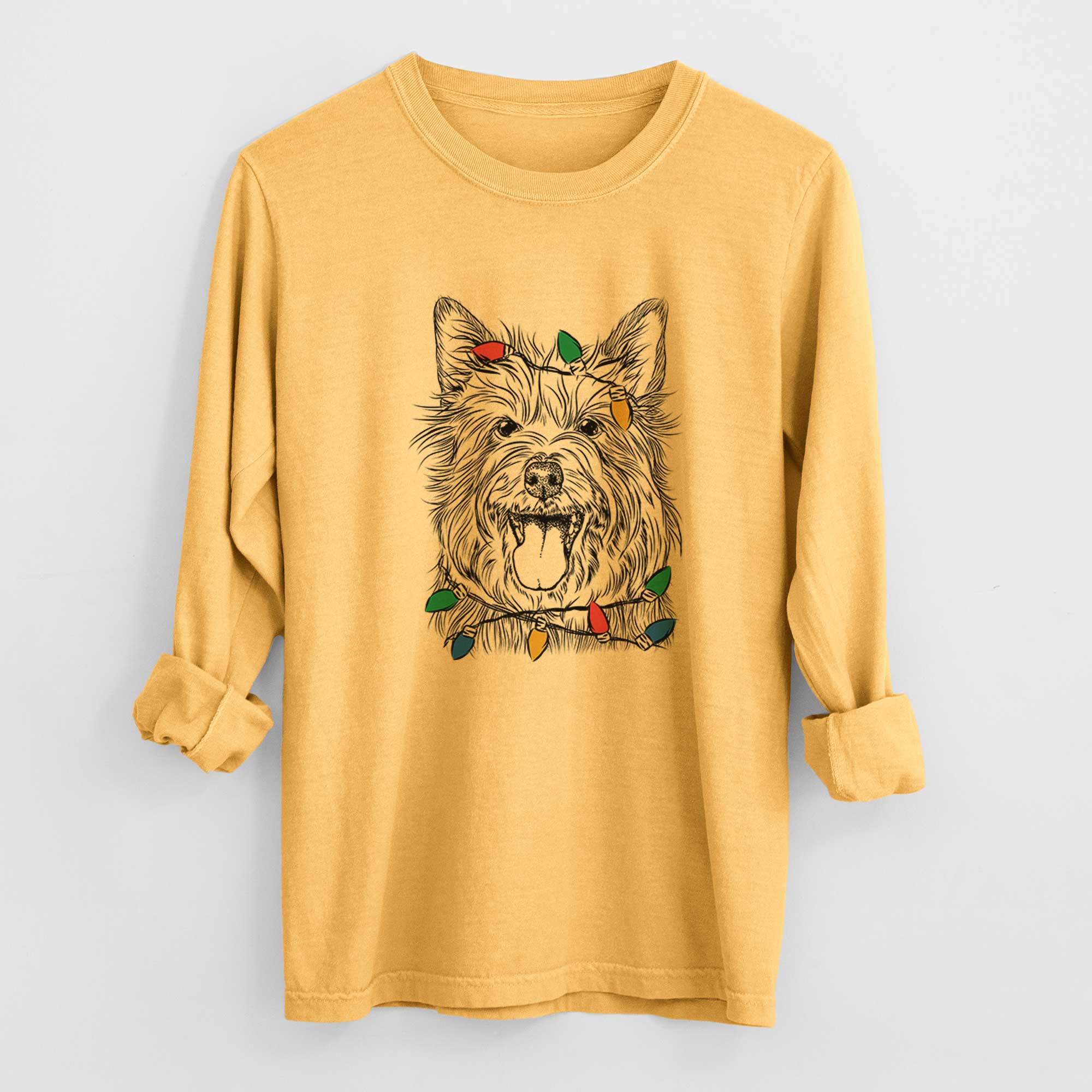 Christmas Lights Middy the Australian Terrier - Heavyweight 100% Cotton Long Sleeve