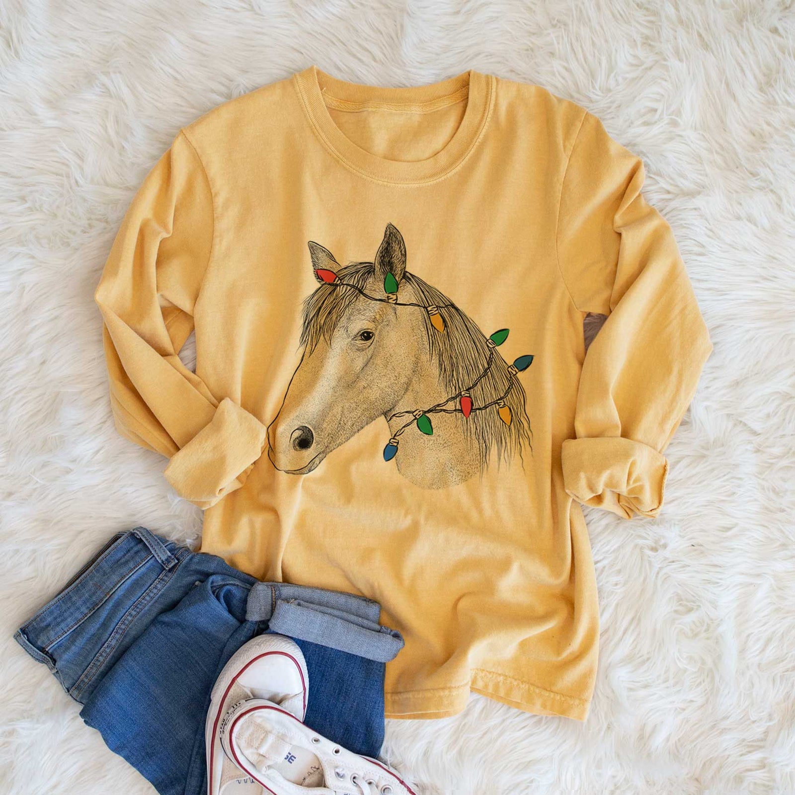 Christmas Lights Midnight the Missouri Foxtrotter Horse - Heavyweight 100% Cotton Long Sleeve