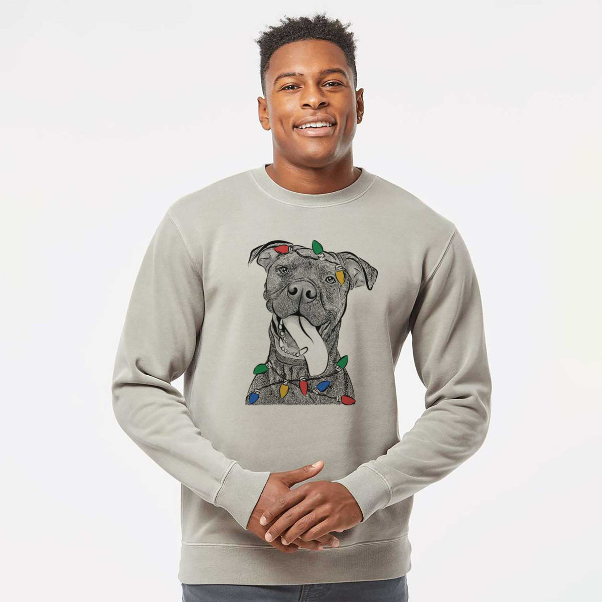 Christmas Lights Mikey the Boxador - Unisex Pigment Dyed Crew Sweatshirt