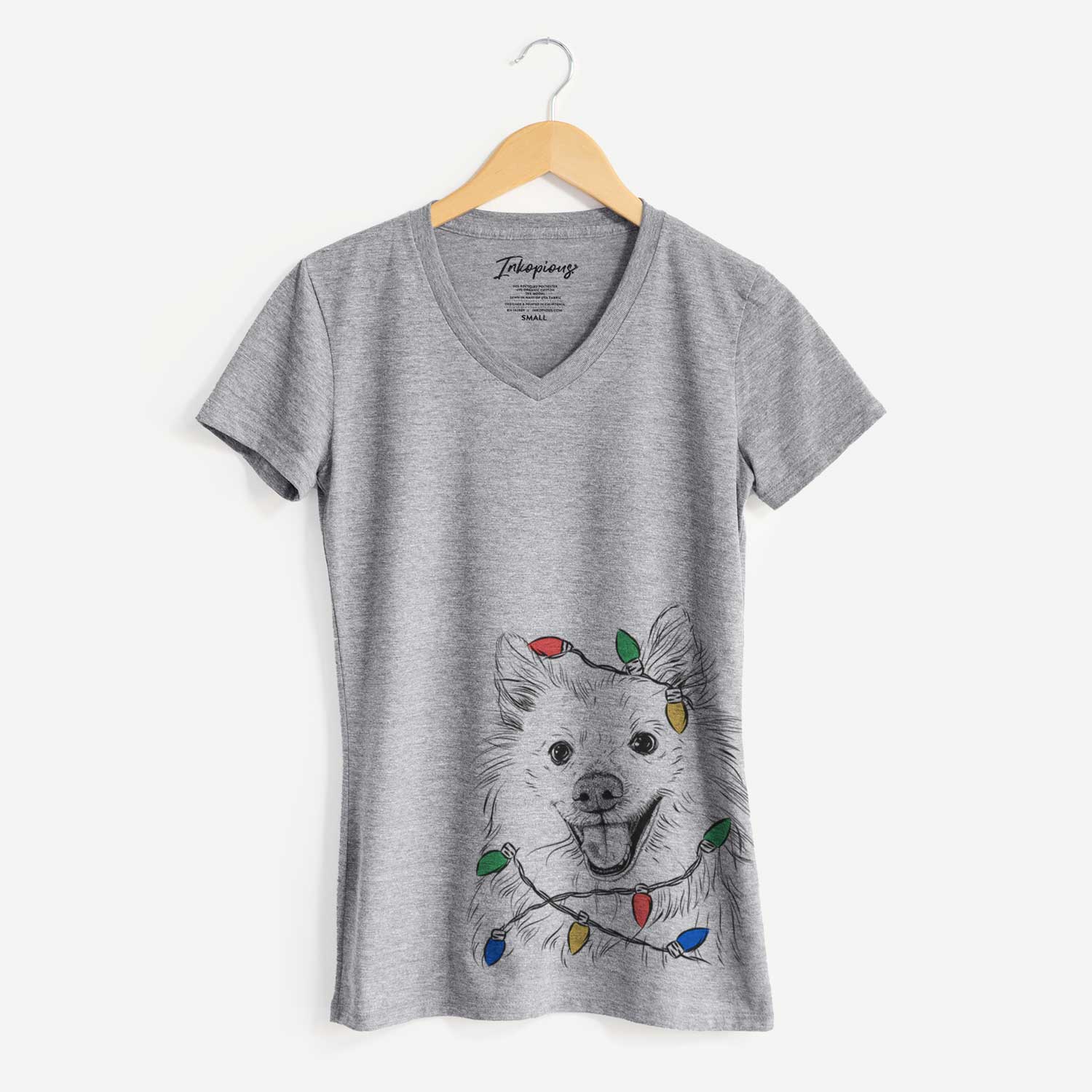 Christmas Lights Miki the American Eskimo - Women's V-neck Shirt