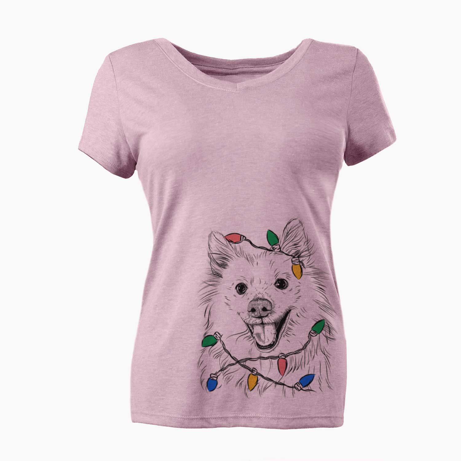 Christmas Lights Miki the American Eskimo - Women's V-neck Shirt