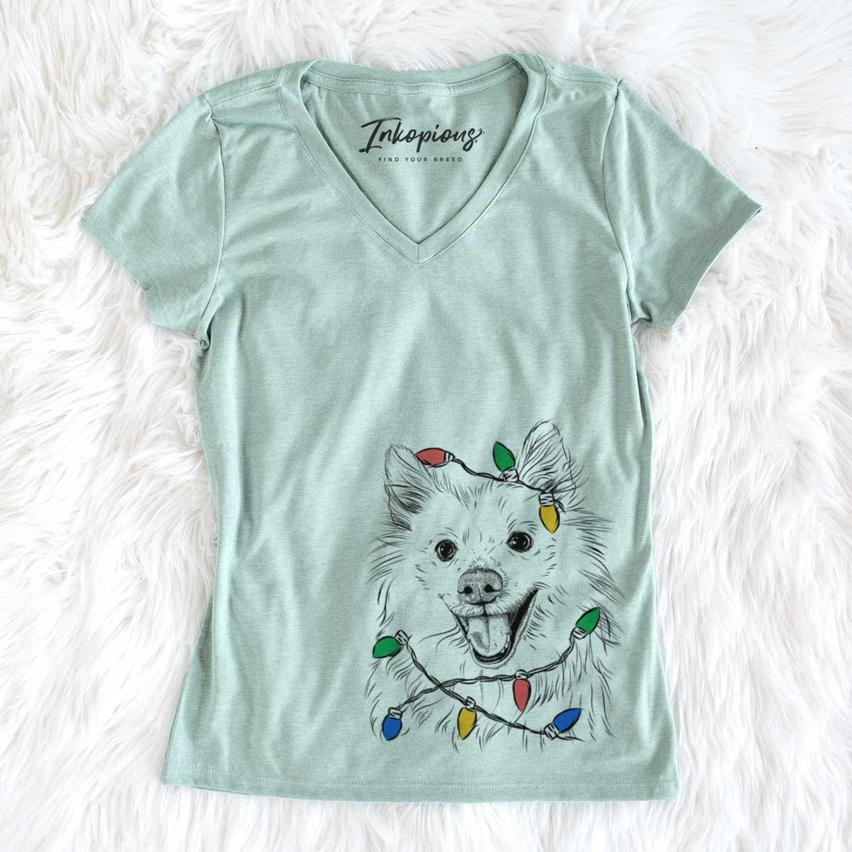 Christmas Lights Miki the American Eskimo - Women&#39;s V-neck Shirt