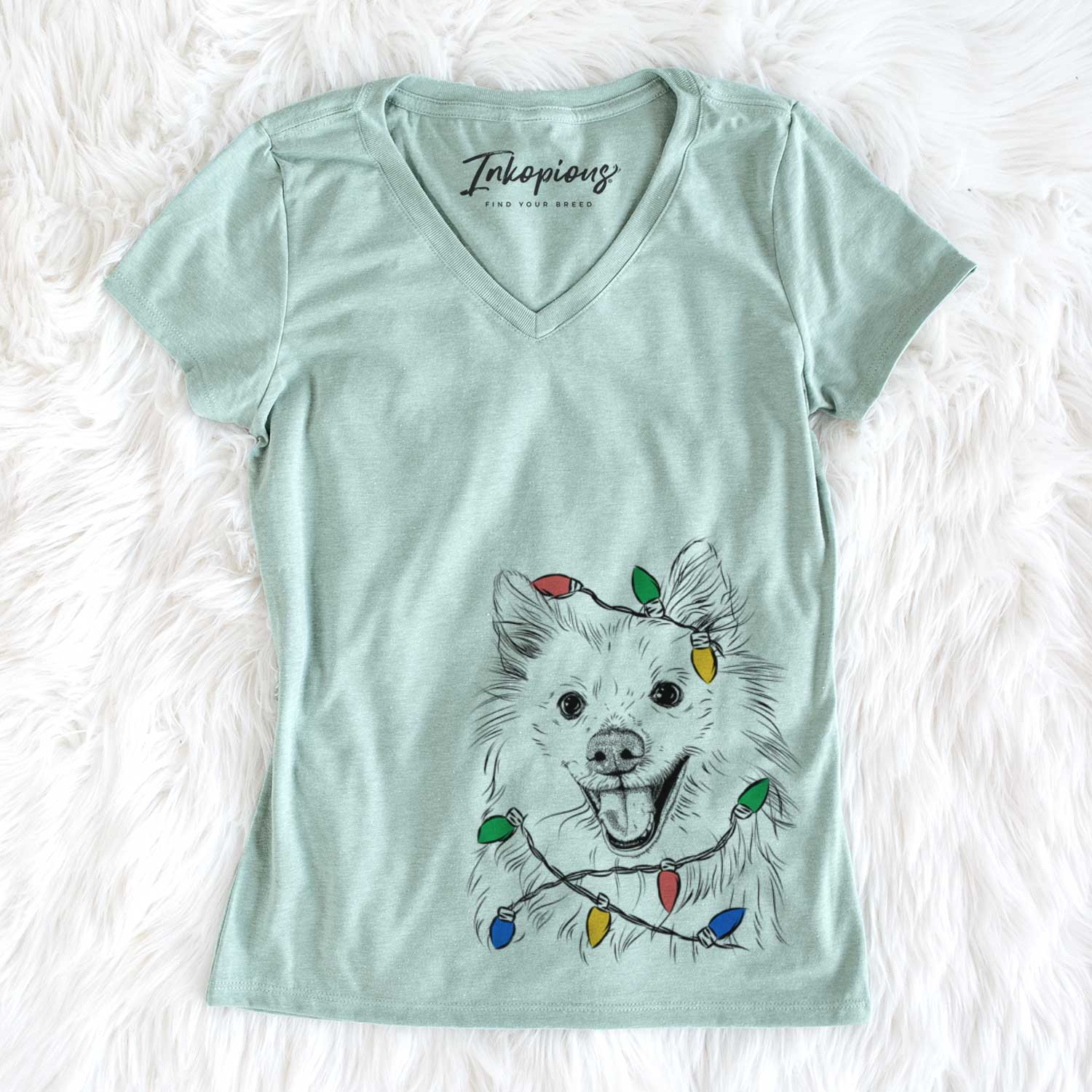 Christmas Lights Miki the American Eskimo - Women's V-neck Shirt