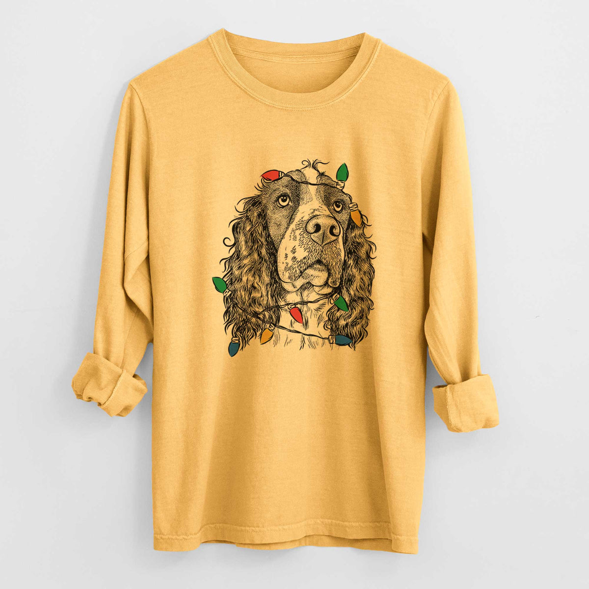 Christmas Lights Millie Mae the English Springer Spaniel - Heavyweight 100% Cotton Long Sleeve