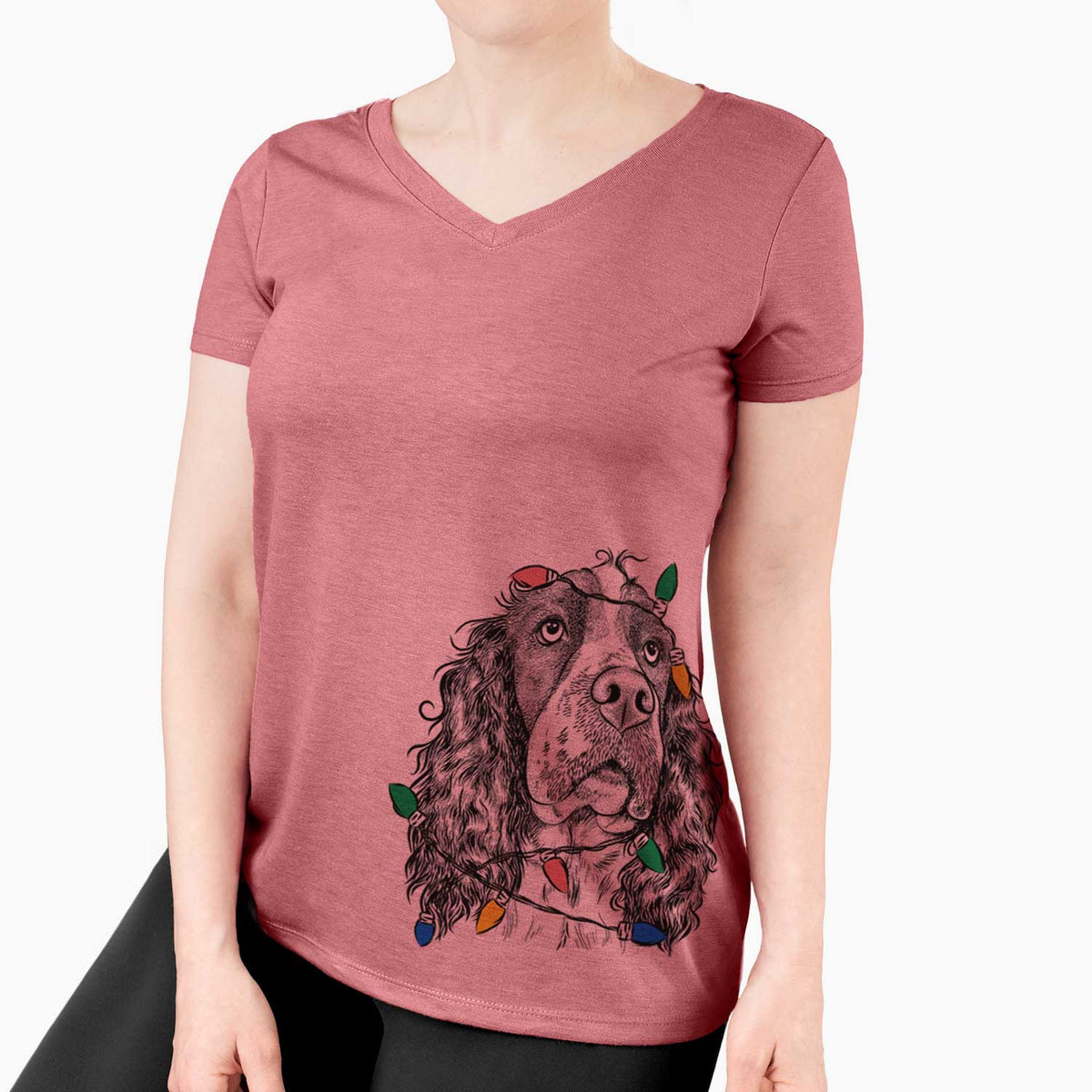 Christmas Lights Millie Mae the English Springer Spaniel - Women's V-neck Shirt
