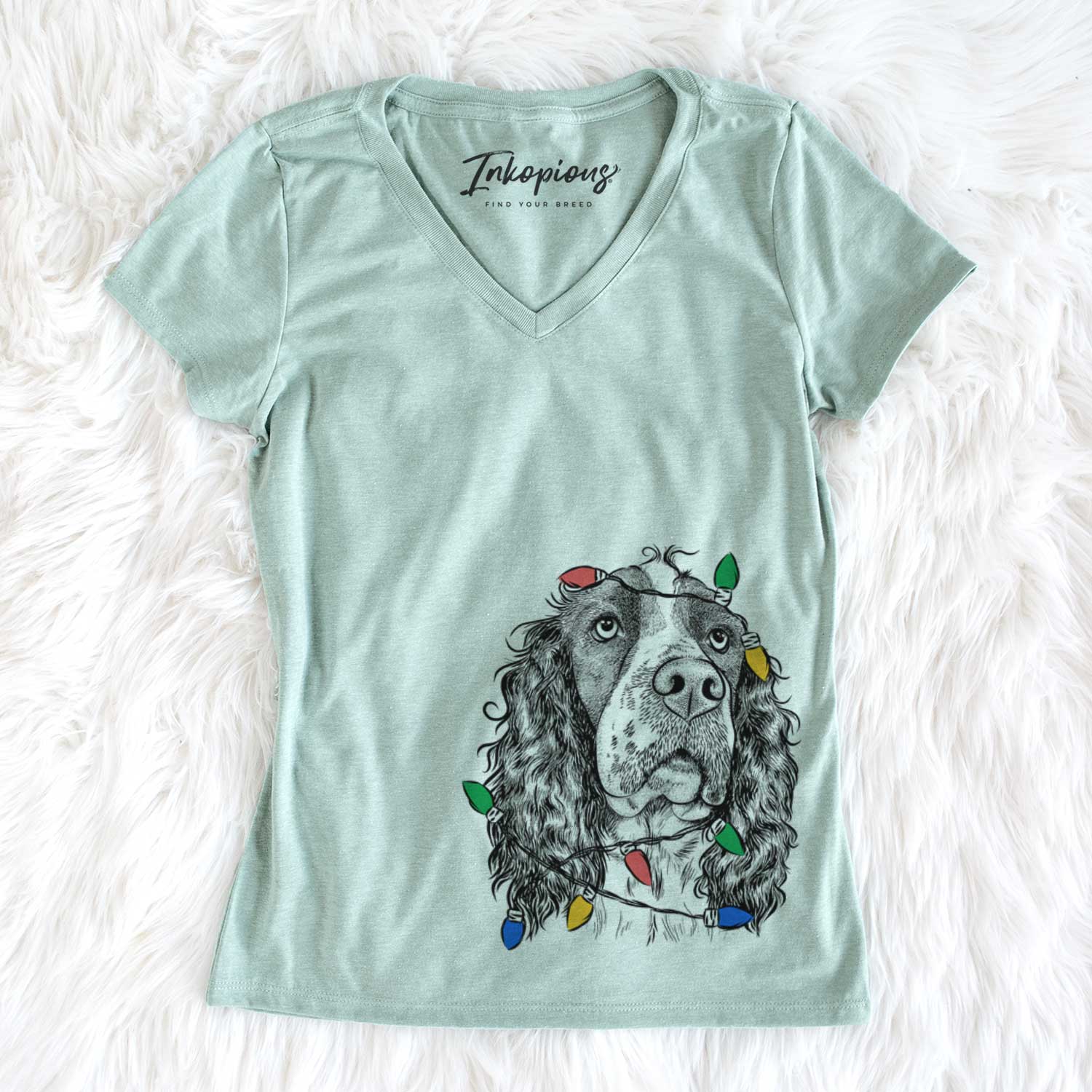 Christmas Lights Millie Mae the English Springer Spaniel - Women's V-neck Shirt