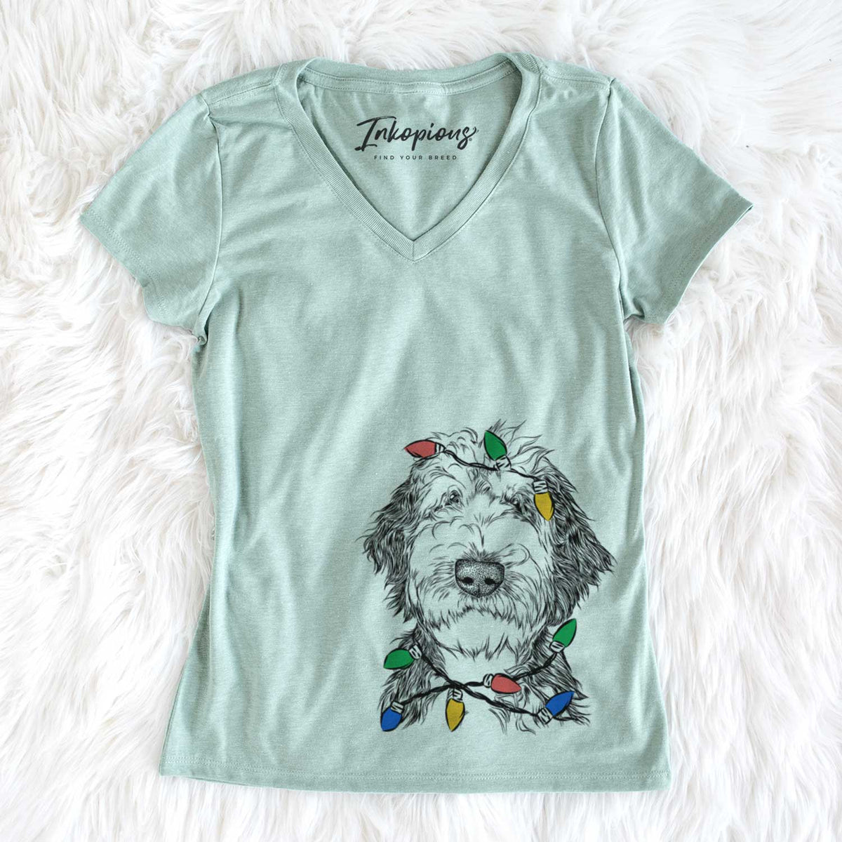 Christmas Lights Milo Fluff the Sheepadoodle - Women&#39;s V-neck Shirt