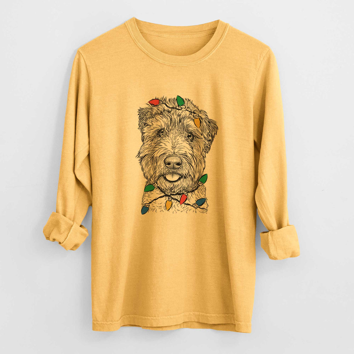Christmas Lights Milton the Soft Coated Wheaten Terrier - Heavyweight 100% Cotton Long Sleeve