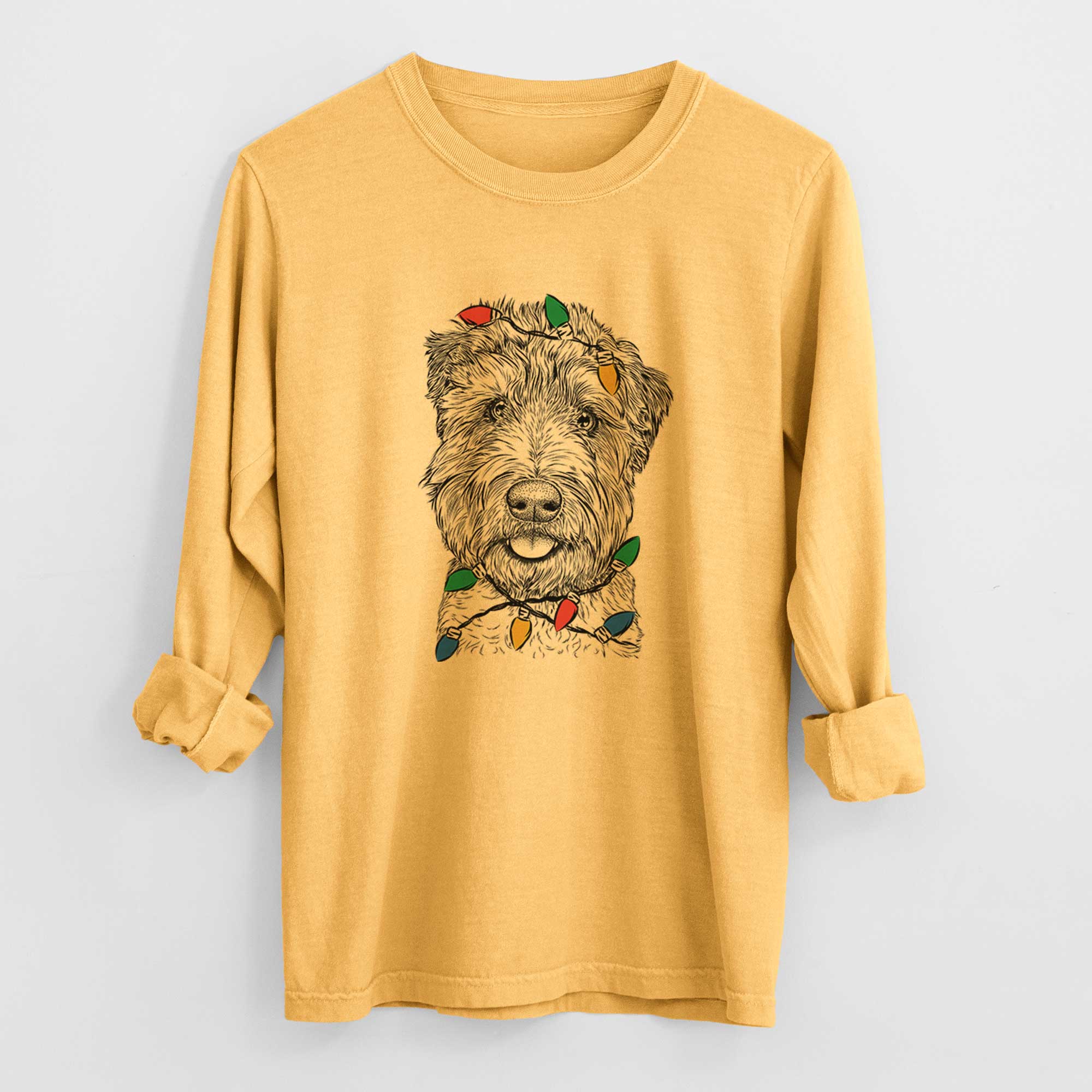 Christmas Lights Milton the Soft Coated Wheaten Terrier - Heavyweight 100% Cotton Long Sleeve