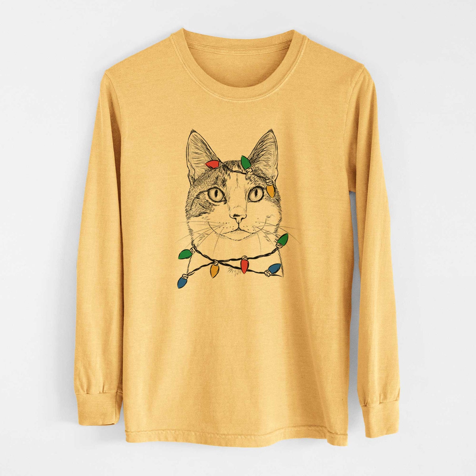 Christmas Lights Mini Griffin the Domestic Shorthair Cat - Heavyweight 100% Cotton Long Sleeve