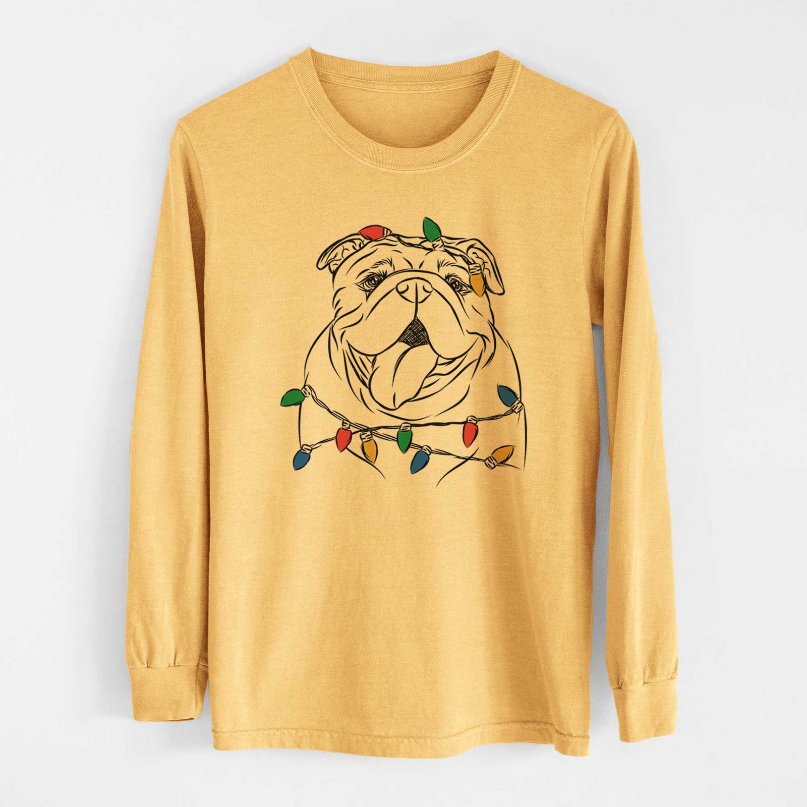 Christmas Lights Missy Moo the English Bulldog - Heavyweight 100% Cotton Long Sleeve