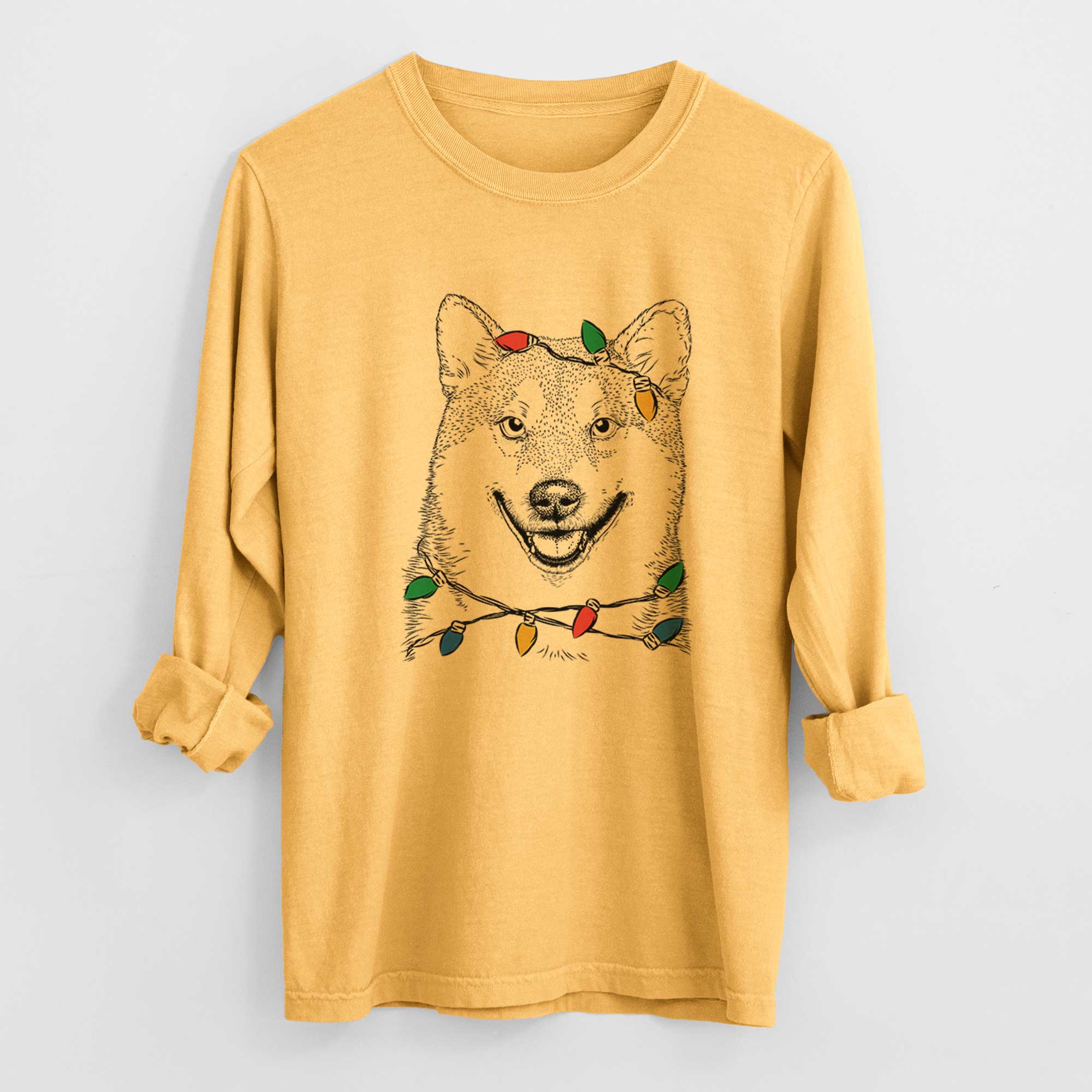 Christmas Lights Mitsu the Shiba Inu - Heavyweight 100% Cotton Long Sleeve