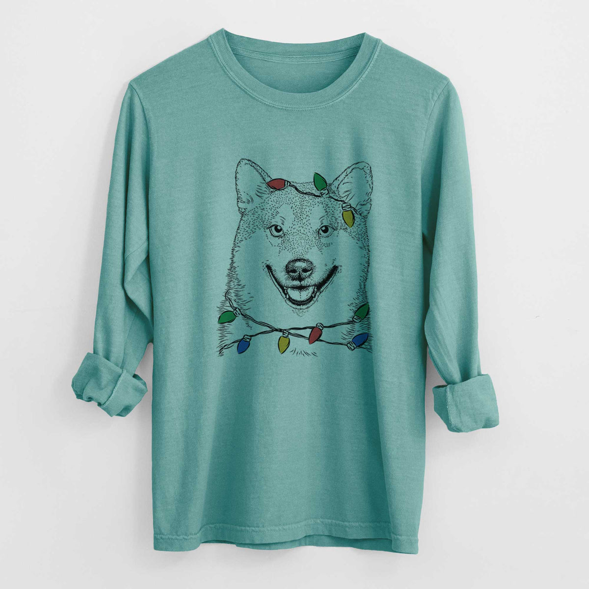 Christmas Lights Mitsu the Shiba Inu - Heavyweight 100% Cotton Long Sleeve