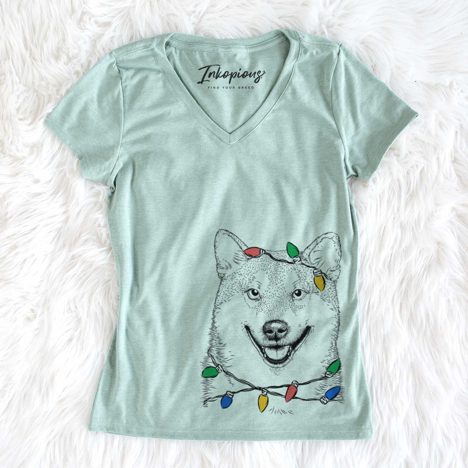 Christmas Lights Mitsu the Shiba Inu - Women's V-neck Shirt